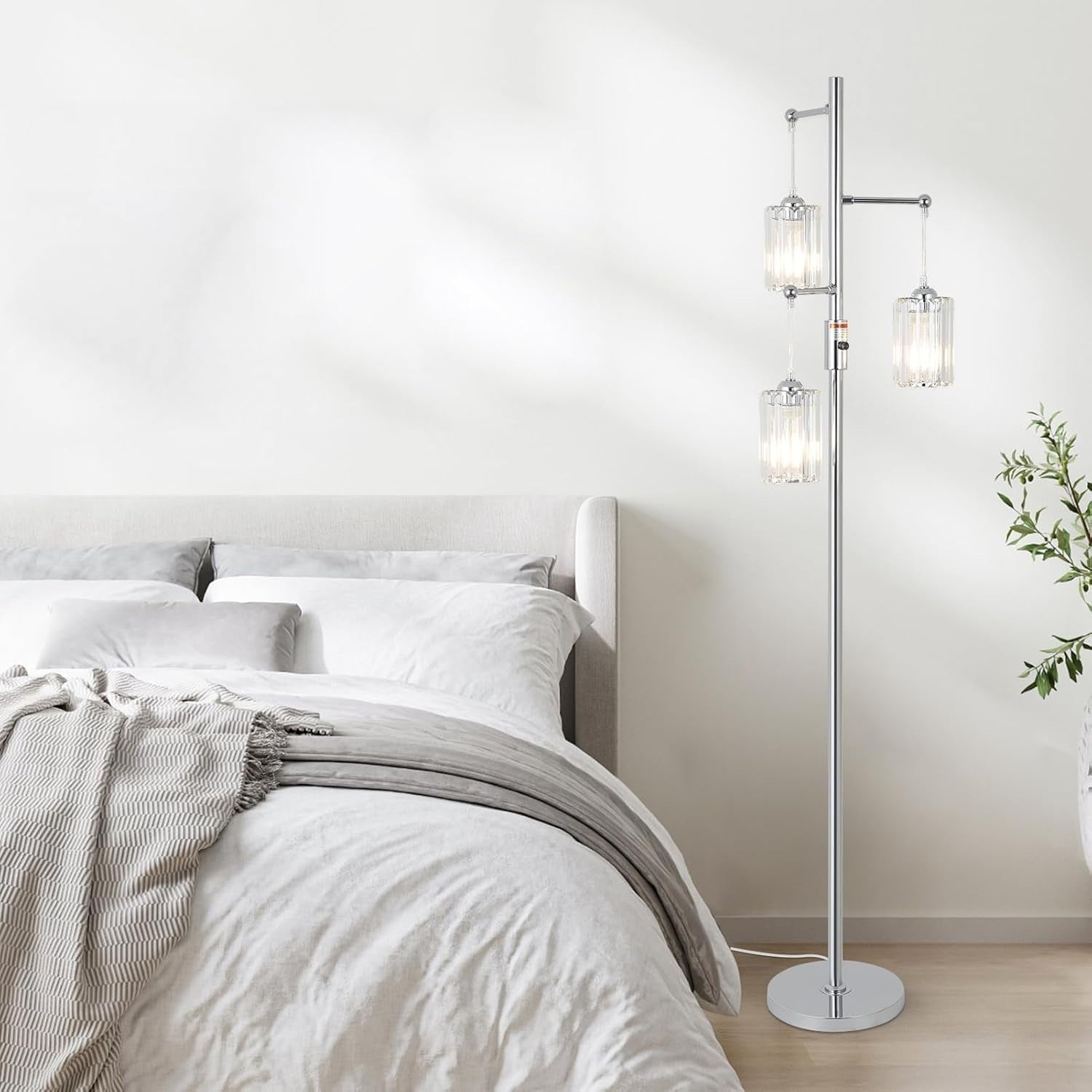Dimmable 3-Light Floor Lamp Chrome Crystal Shades LED Compatible Tall Lamp