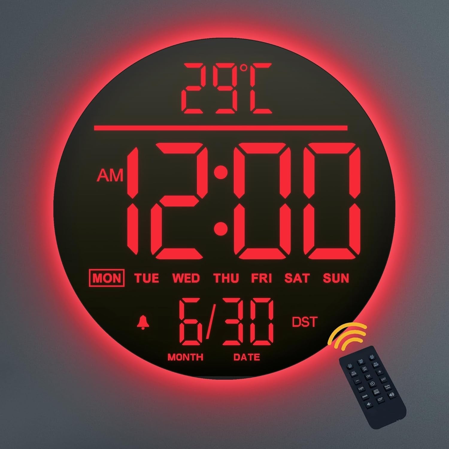 Red LED Digital Wall Clock 10 Inch Remote Control Night Light Display