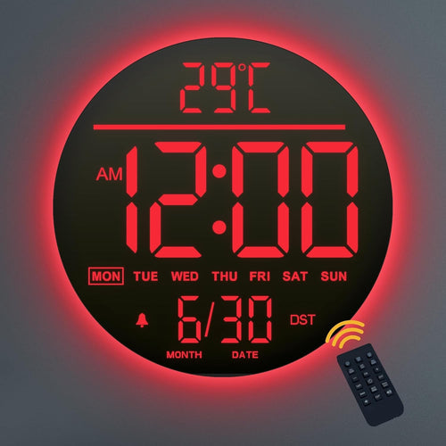 Red LED Digital Wall Clock 10 Inch Remote Control Night Light Display