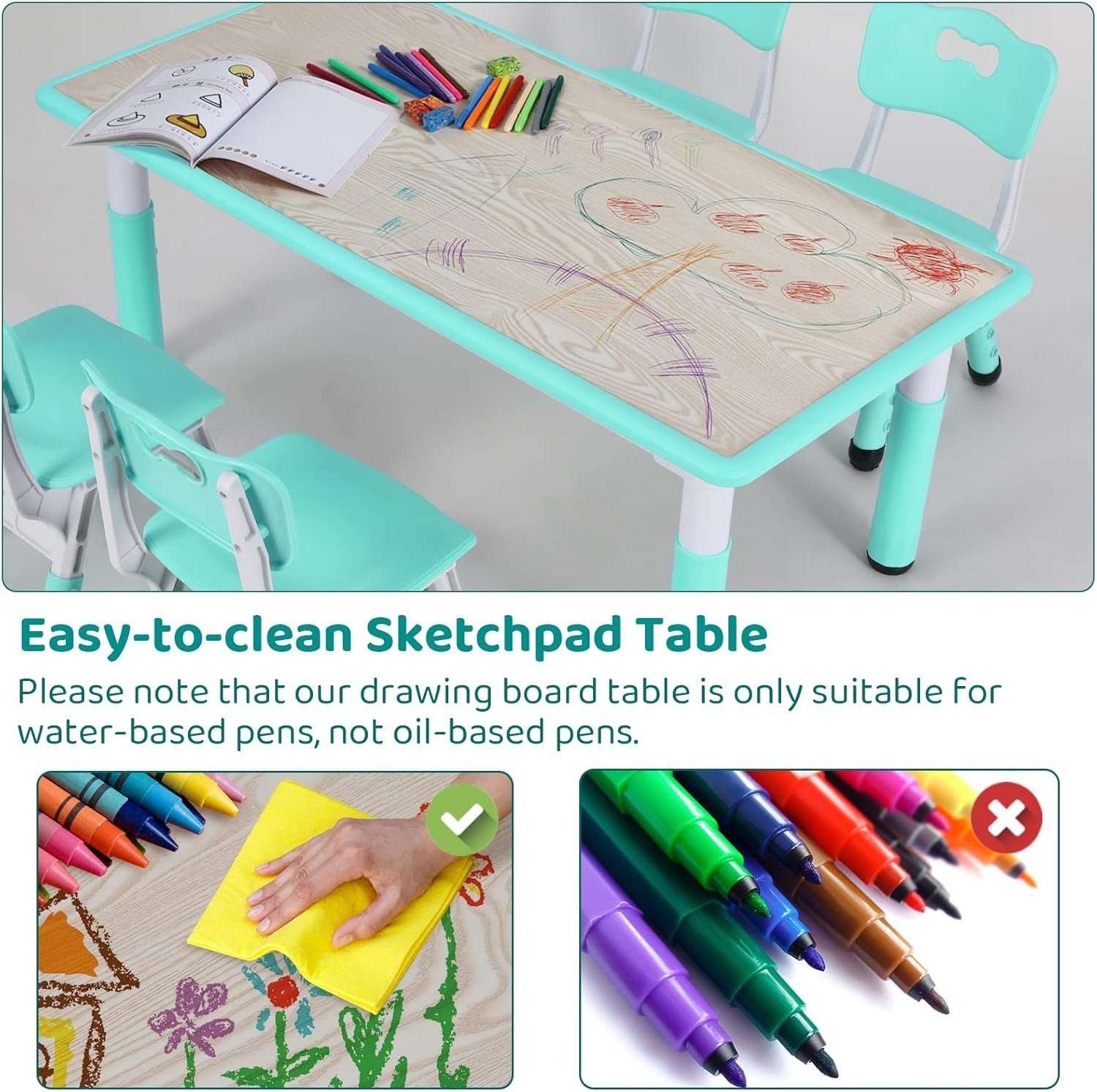 Adjustable Kids Table & 4 Chairs Set Durable Plastic Furniture Mint Green