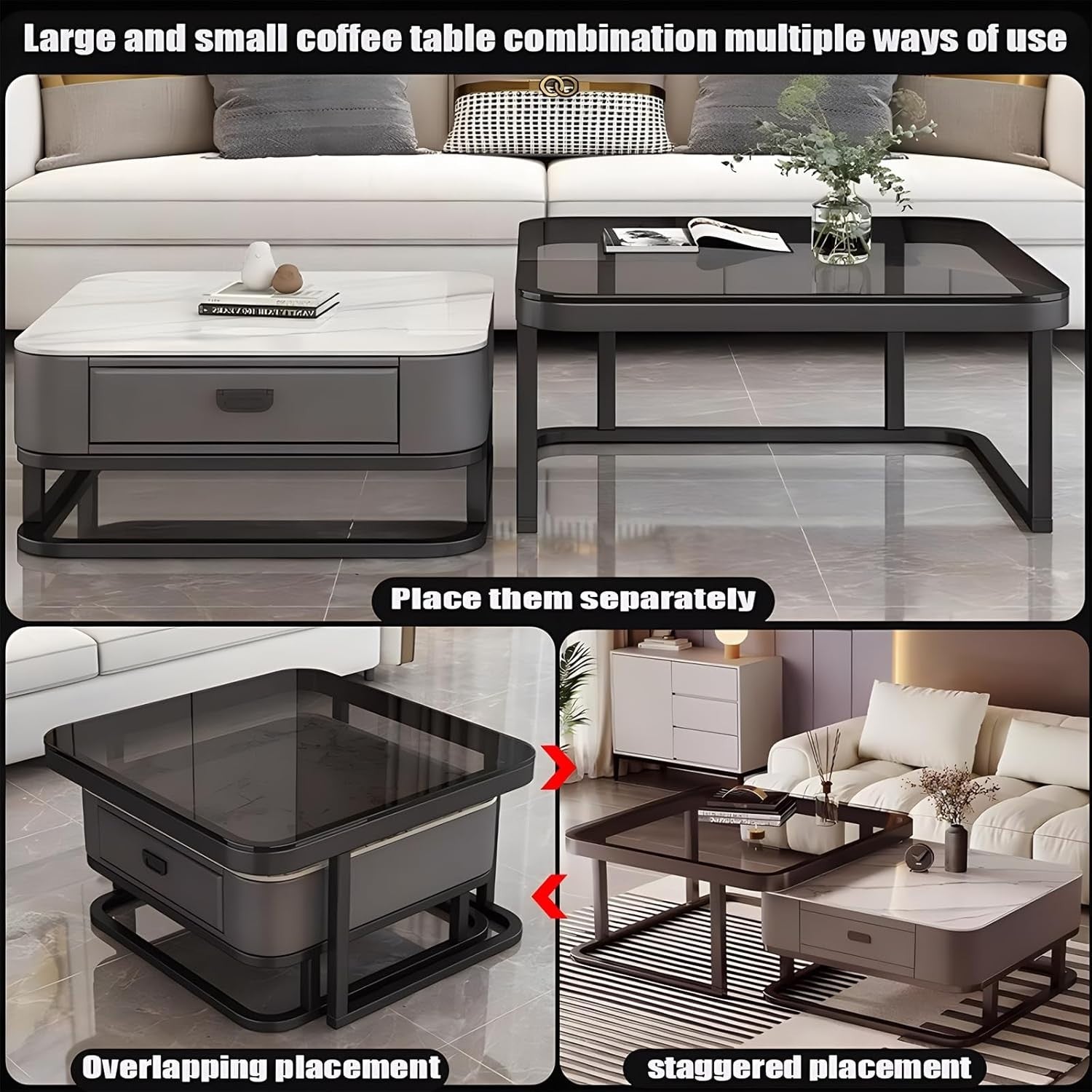 Lift Top Coffee Table with Storage – Square Modern Table, Hidden Drawers
