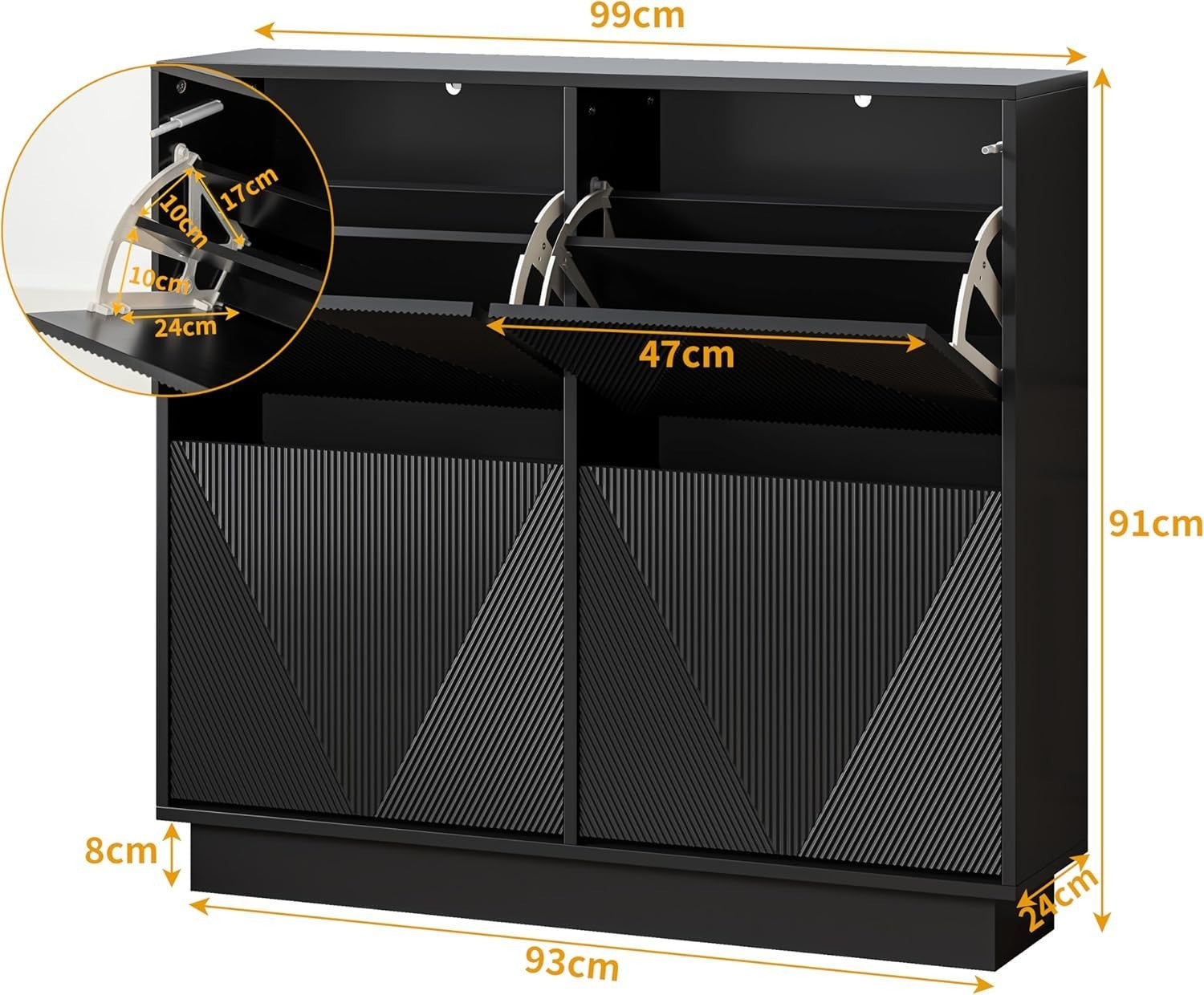 Slim Black Shoe Cabinet | 4 Flip Drawers, Anti-Tip, 99cm Wide Storage Unit