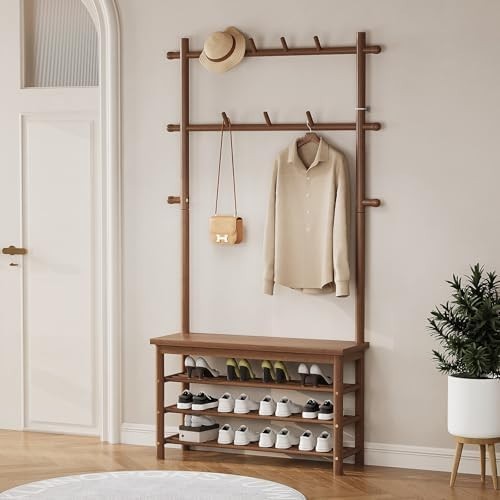 6-in-1 Bamboo Hall Tree with Bench, Shoe & Coat Rack for Entryway Mudroom
