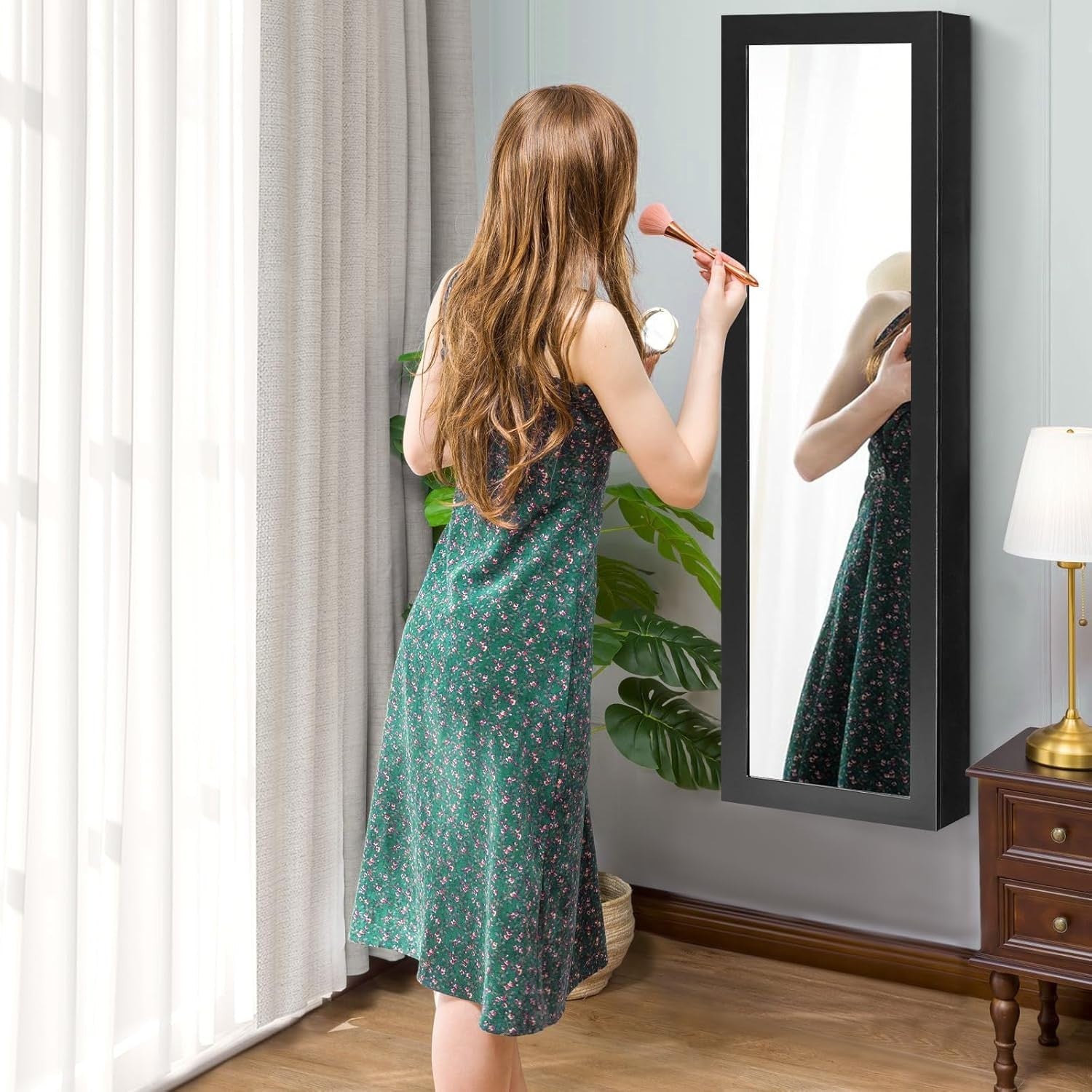 Hanging Jewelry Cabinet Full Length Mirror Wall Mounted Storage Black