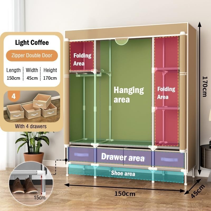 Canvas Wardrobe Storage with Drawers, Hanging Rail & Shelves – Durable, Space