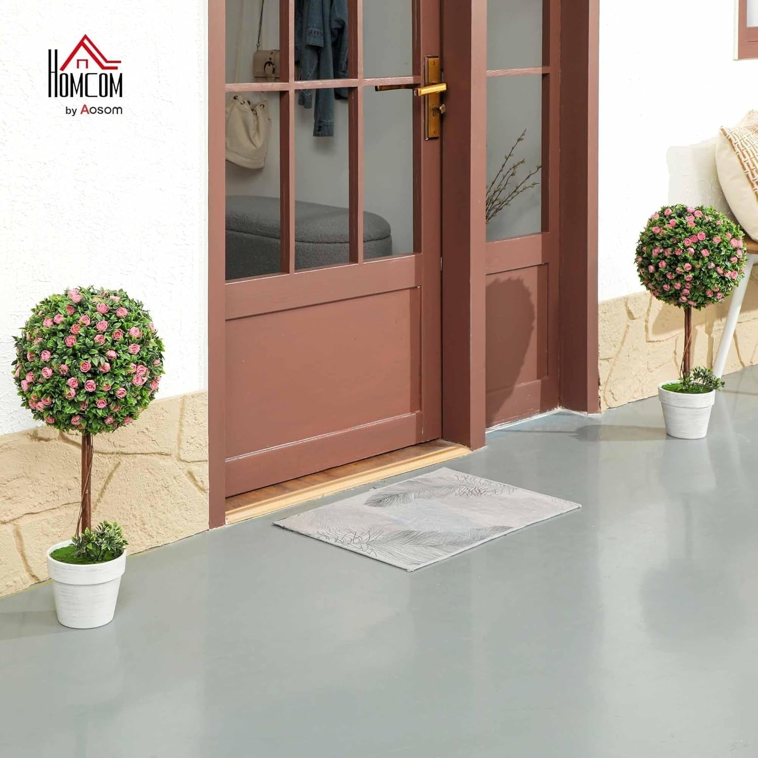 60cm Pink Rose Ball Topiary Trees Set of 2 in White Pot Floral Home Garden Decor