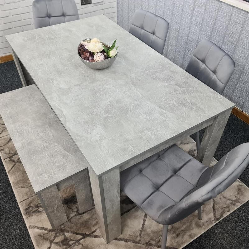 Grey MDF Dining Table Set with 4 Padded Chairs & Bench for Kitchen Room