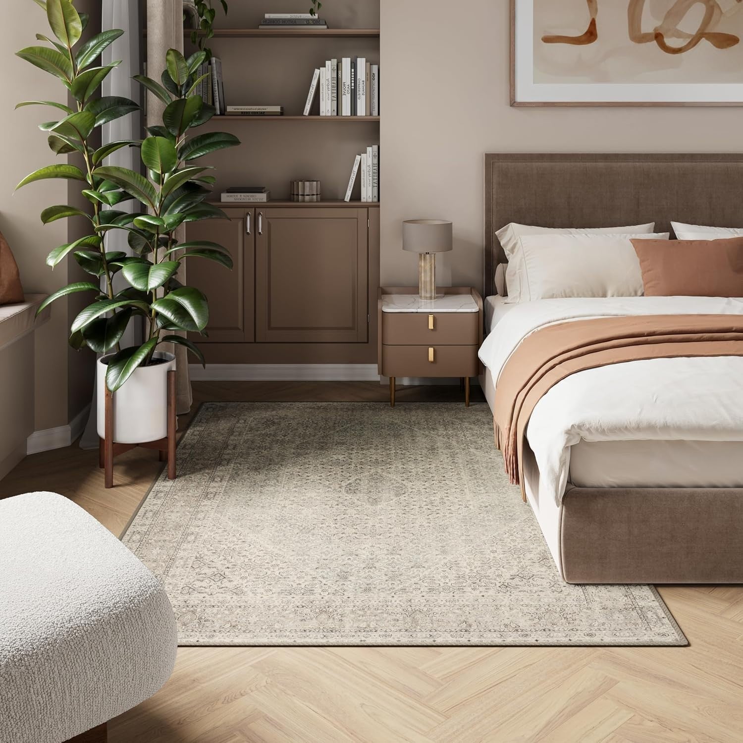 Washable Rug 152x213cm Non-Slip Soft Vintage Beige Carpet Living Room Bedroom