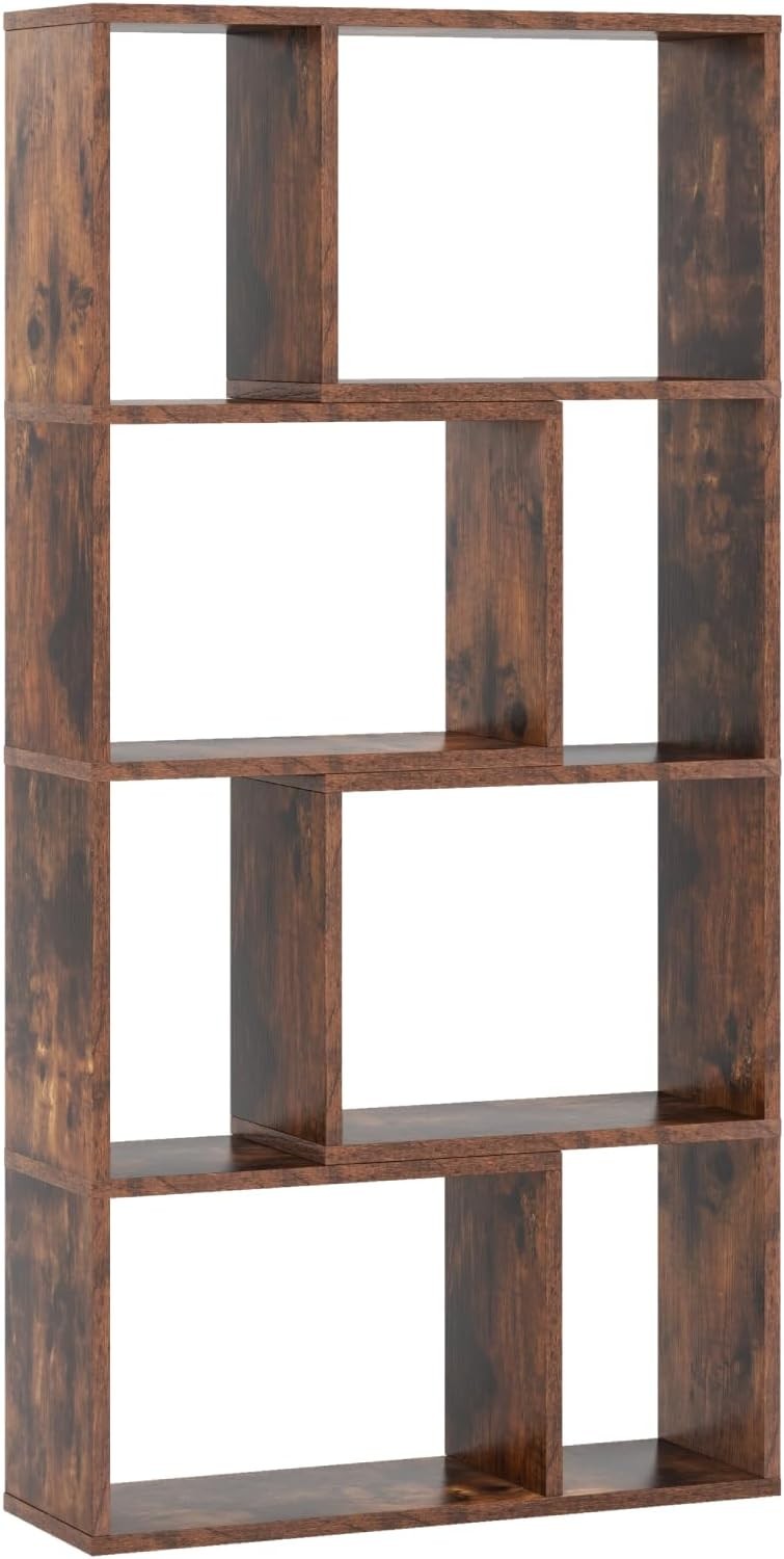 5-Tier Geometric Bookcase Rustic Brown Tall Cube Storage Shelf for Home Office