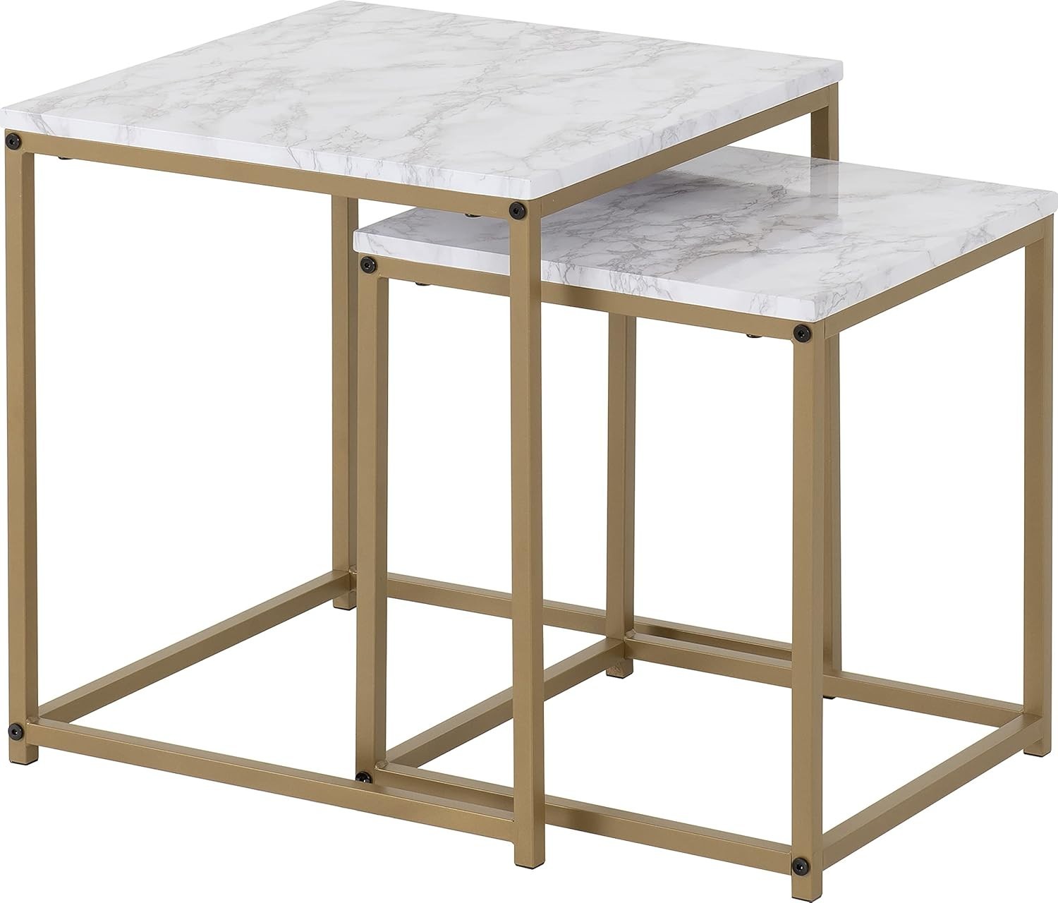 Modern Nesting End Tables Marble Gold Effect Metal Frame 2 Pcs Square Side Set