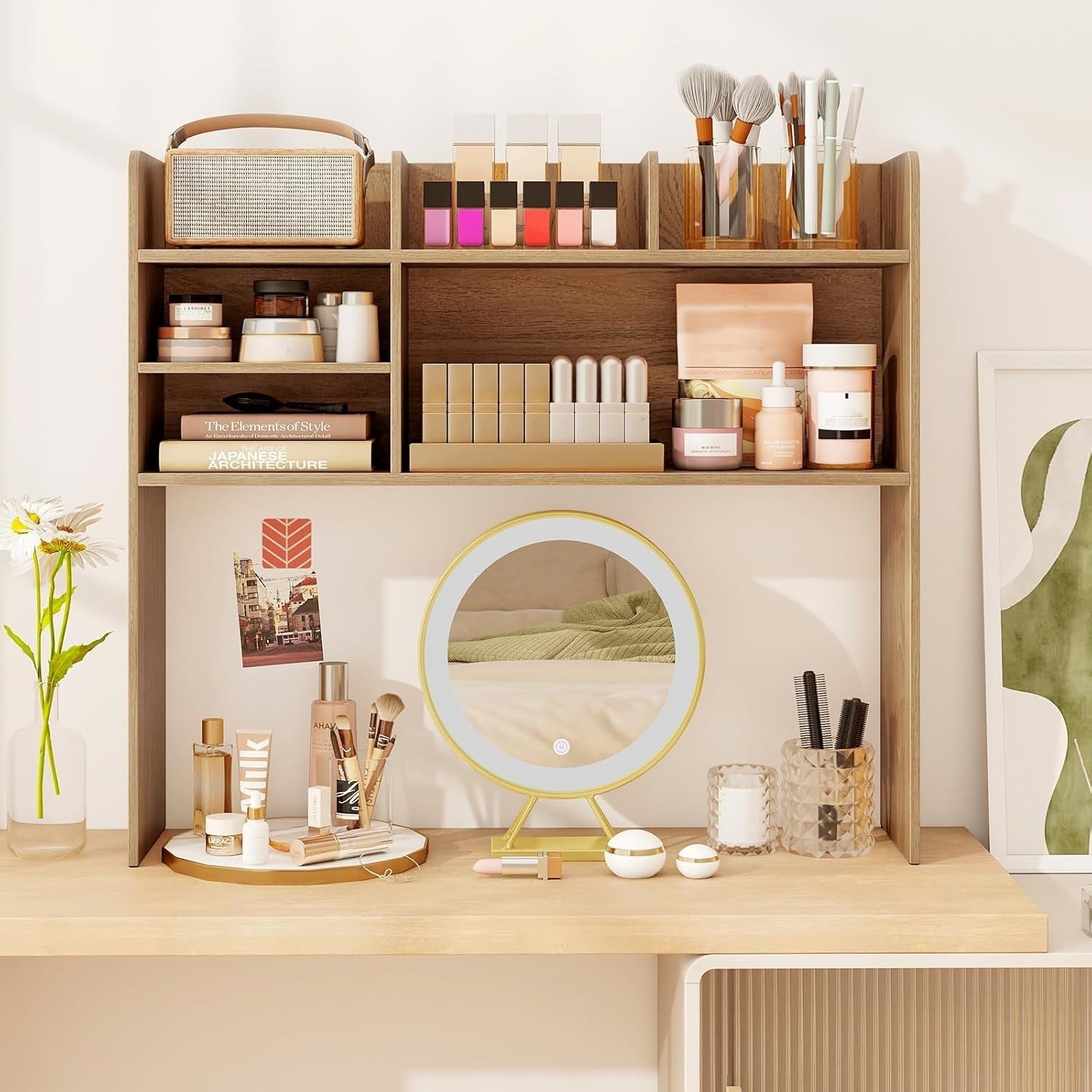 Desktop Bookshelf Hutch 6-Shelf Monitor Storage Rack Adjustable Compartments