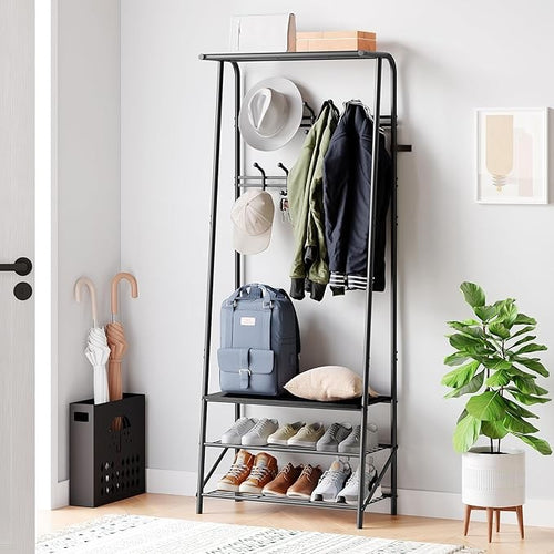 Black Metal 3-in-1 Coat Rack with Shoe Storage & 10 Hooks Entryway Stand