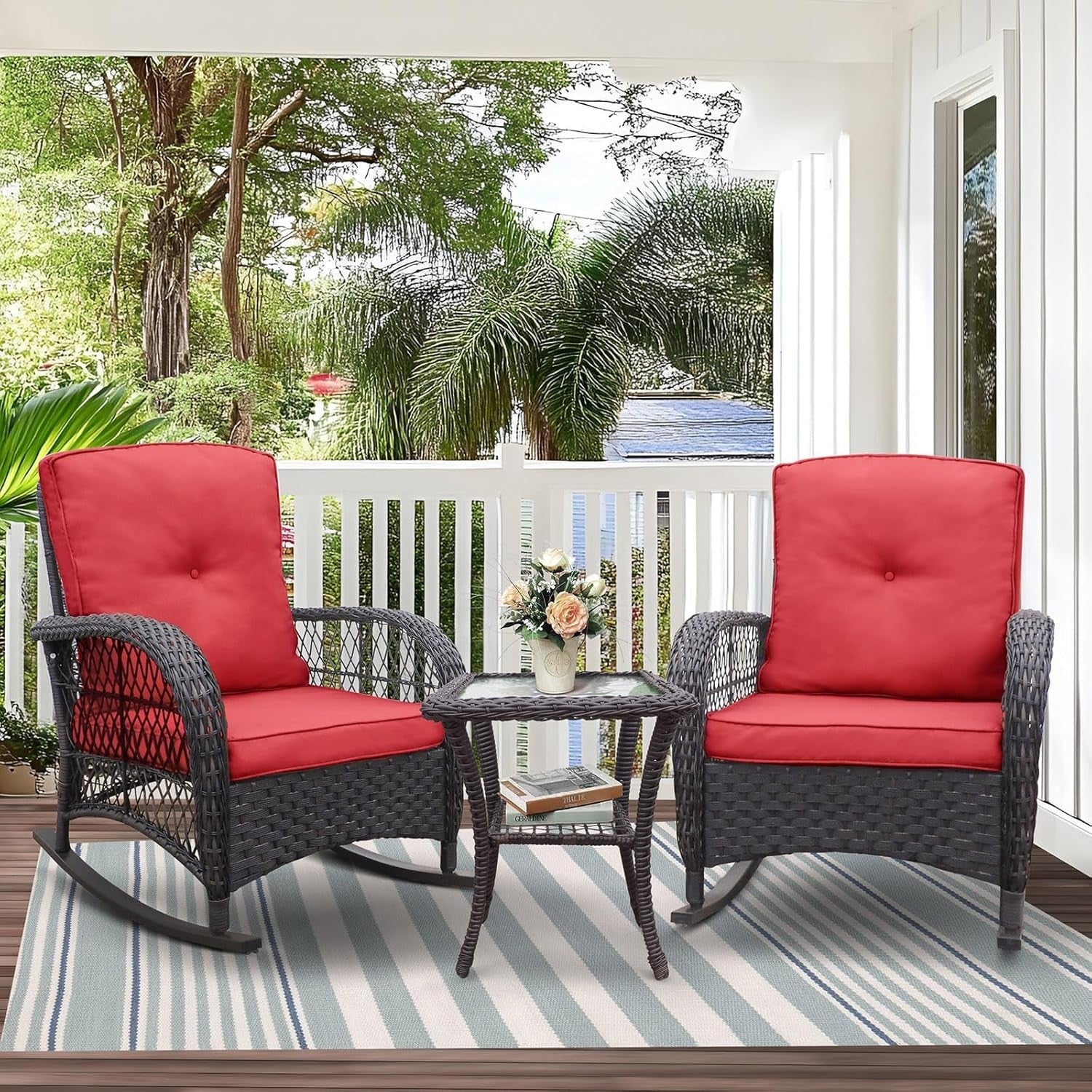 2 Seater Rocking Rattan Bistro Set Patio Chairs with Cushions Glass Table