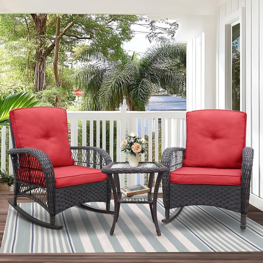 2 Seater Rocking Rattan Bistro Set Patio Chairs with Cushions Glass Table