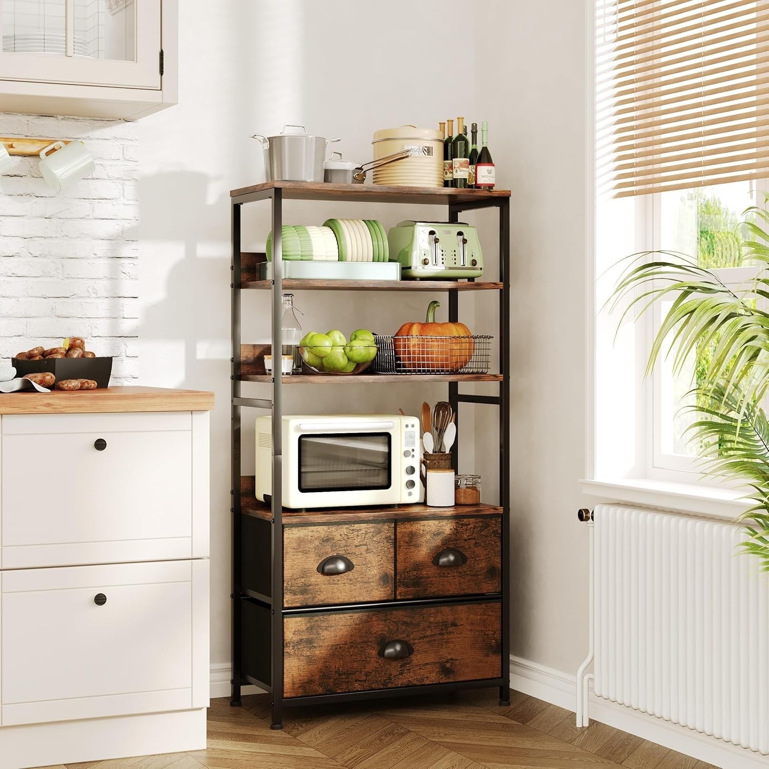 4 Tier Rustic Bookshelf with 3 Drawers Industrial Storage Cabinet Shelves Brown