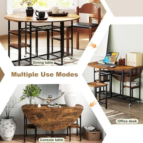 3-Piece Folding Dining Table Set with Stools & Storage Wheels