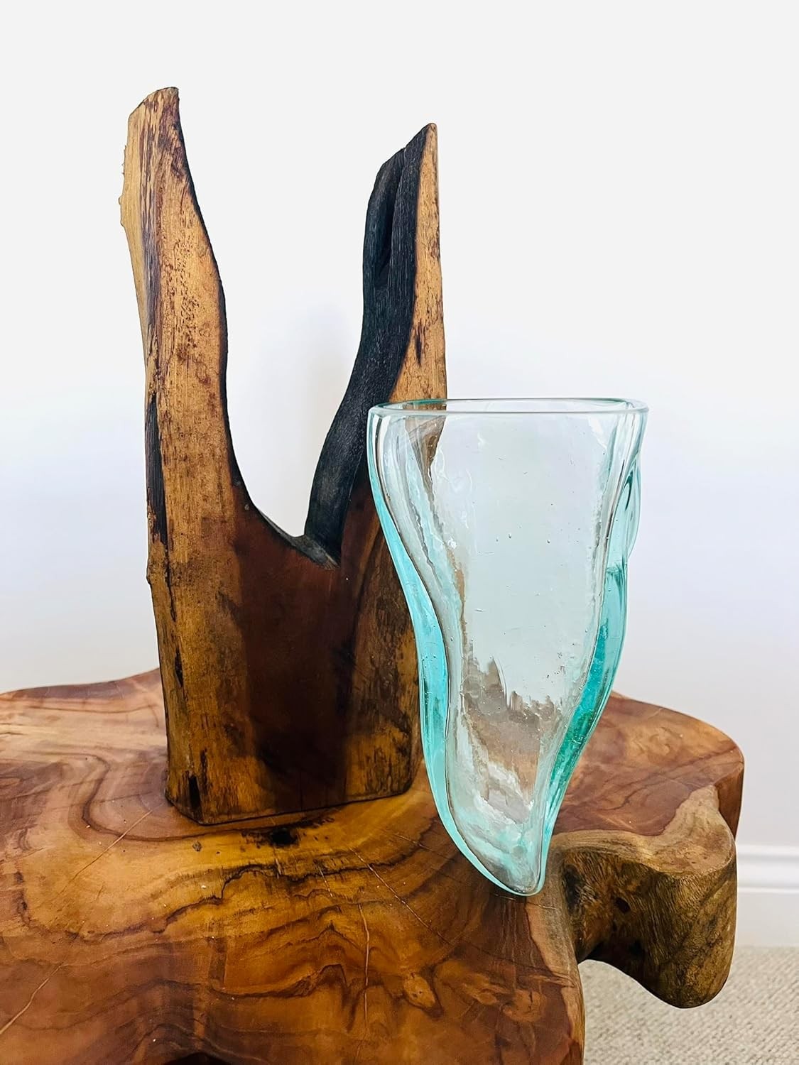 Molten Glass Vase on Wood Root Stand Rustic Handmade Home Decor Sculpture