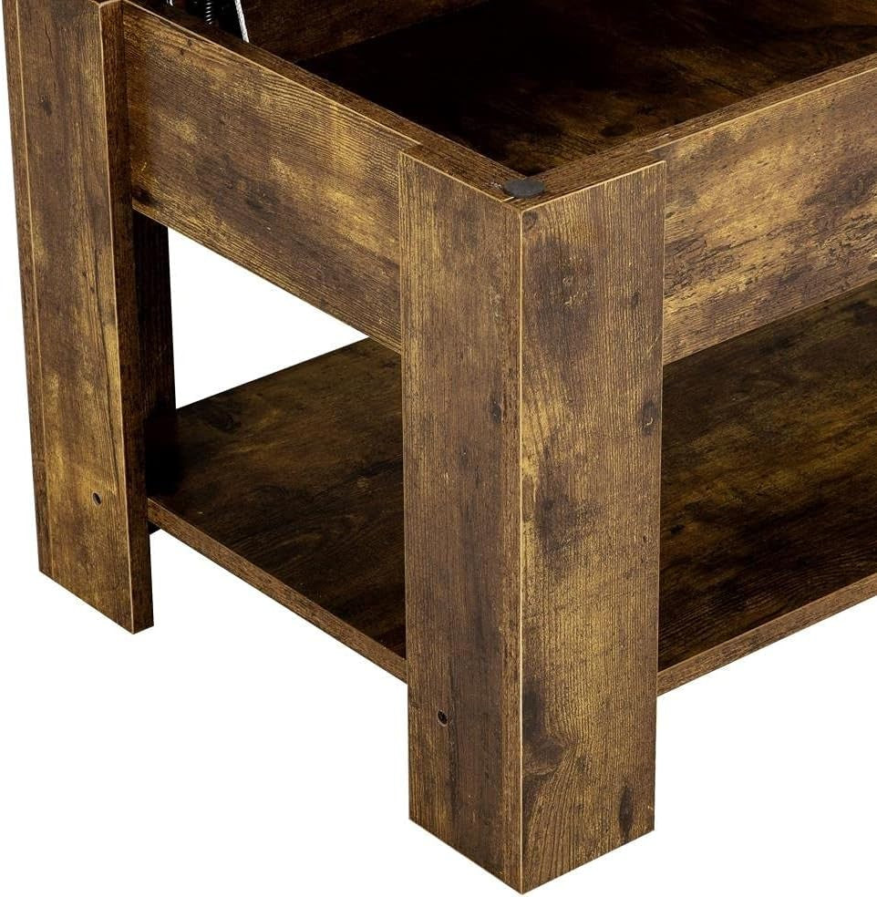 Lift Up Coffee Table with Storage Shelf – Rustic Brown, Hidden Compartment