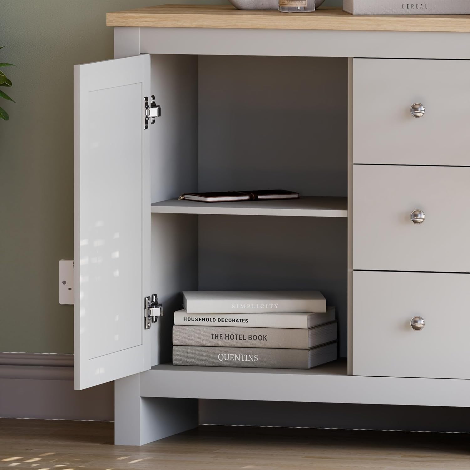 Grey Sideboard Storage Cabinet Unit with 3 Drawers 1 Door Oak Top Hallway