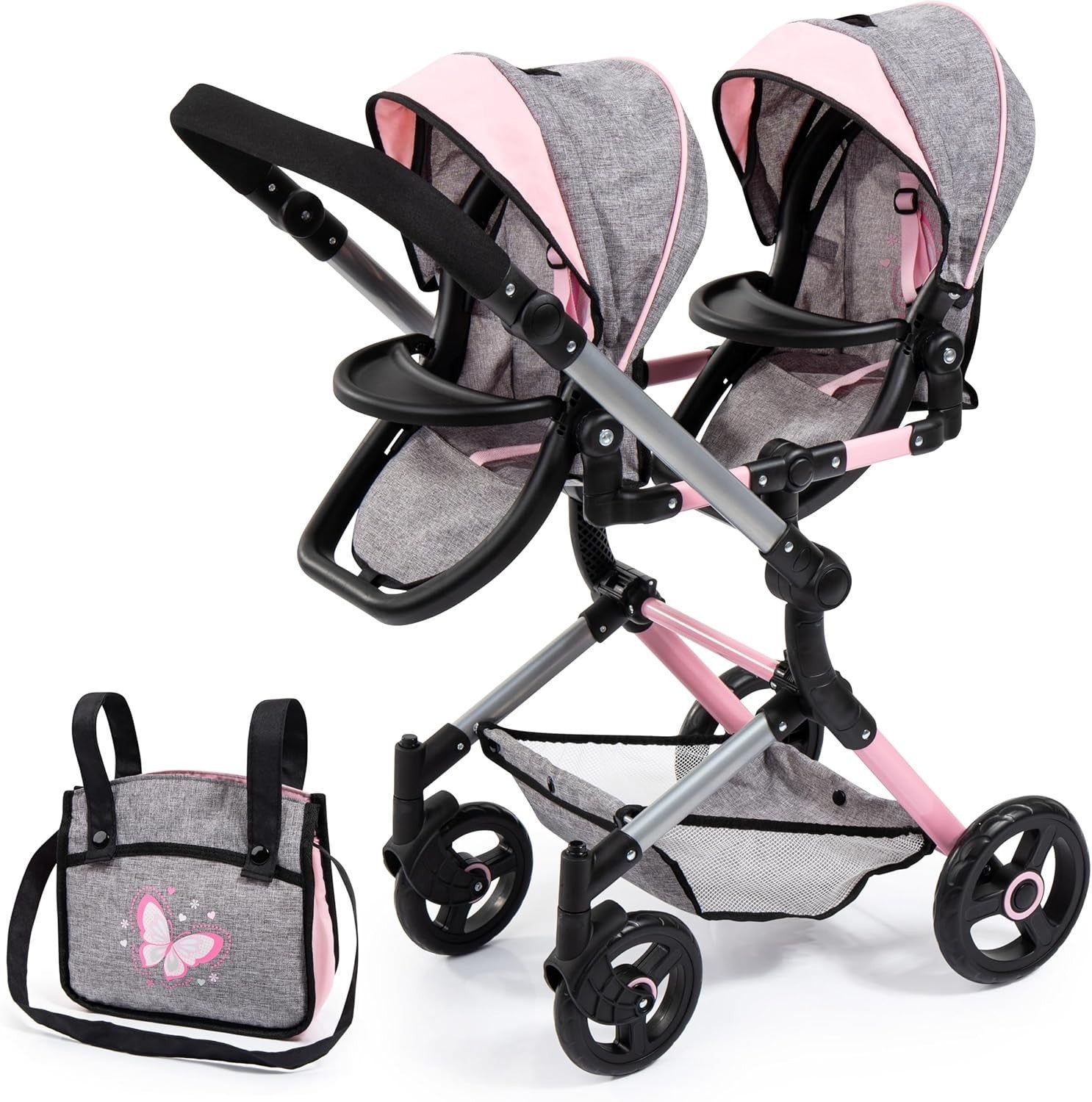 Twin Doll Pram Double Stroller Adjustable Handle Foldable Basket Bag