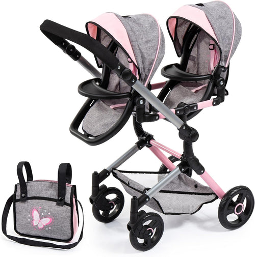 Twin Doll Pram Double Stroller Adjustable Handle Foldable Basket Bag