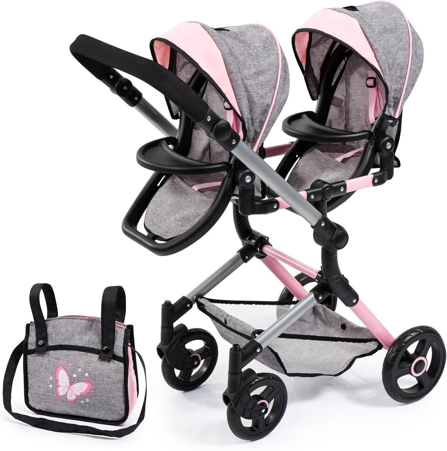 Twin Doll Pram Double Stroller Adjustable Handle Foldable Basket Bag