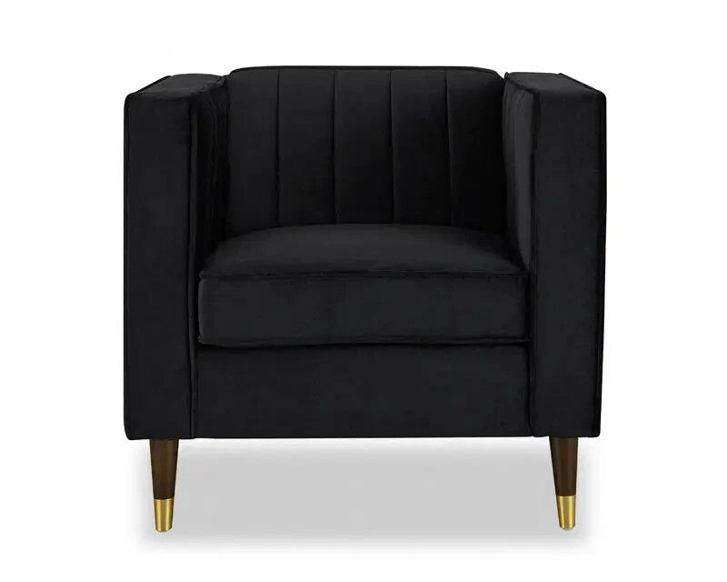 Black Velvet Armchair 1 Seater Sofa Ribbed Gold Leg Modern Lounge Chair