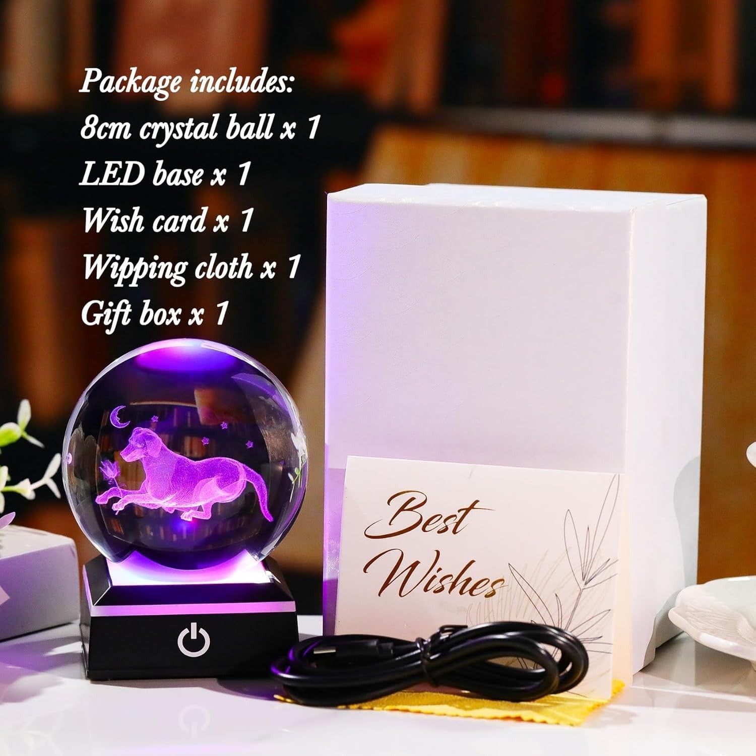 3D Crystal Dog LED Light Globe 8cm Glass Ornament Gift for Dog Lovers Home Decor