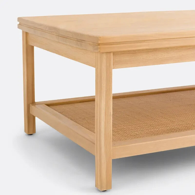 Scandi Pine Cane Coffee Table 120x60cm Double Shelf Natural Wood Look