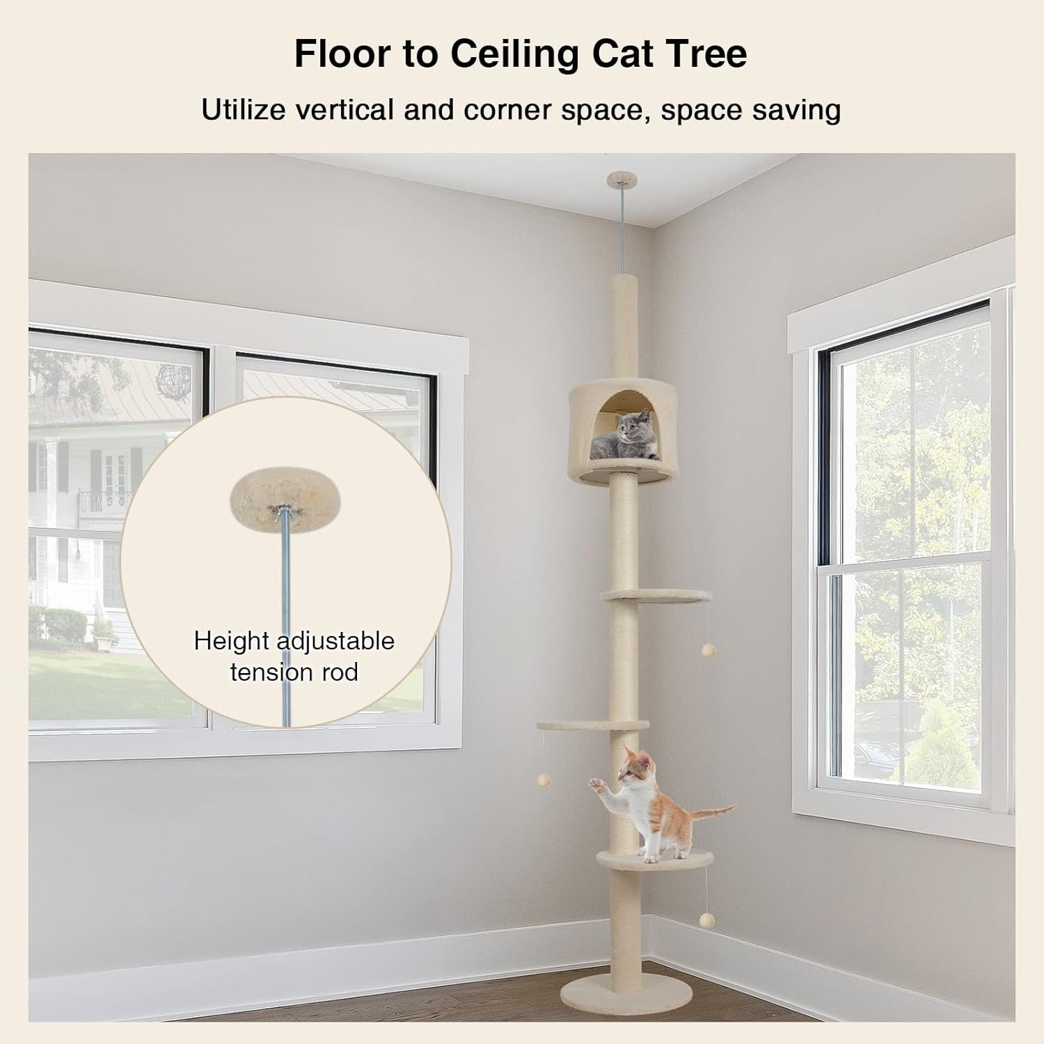 Floor to Ceiling Cat Tree 260cm Tall Adjustable Tower Scratching Post Condo