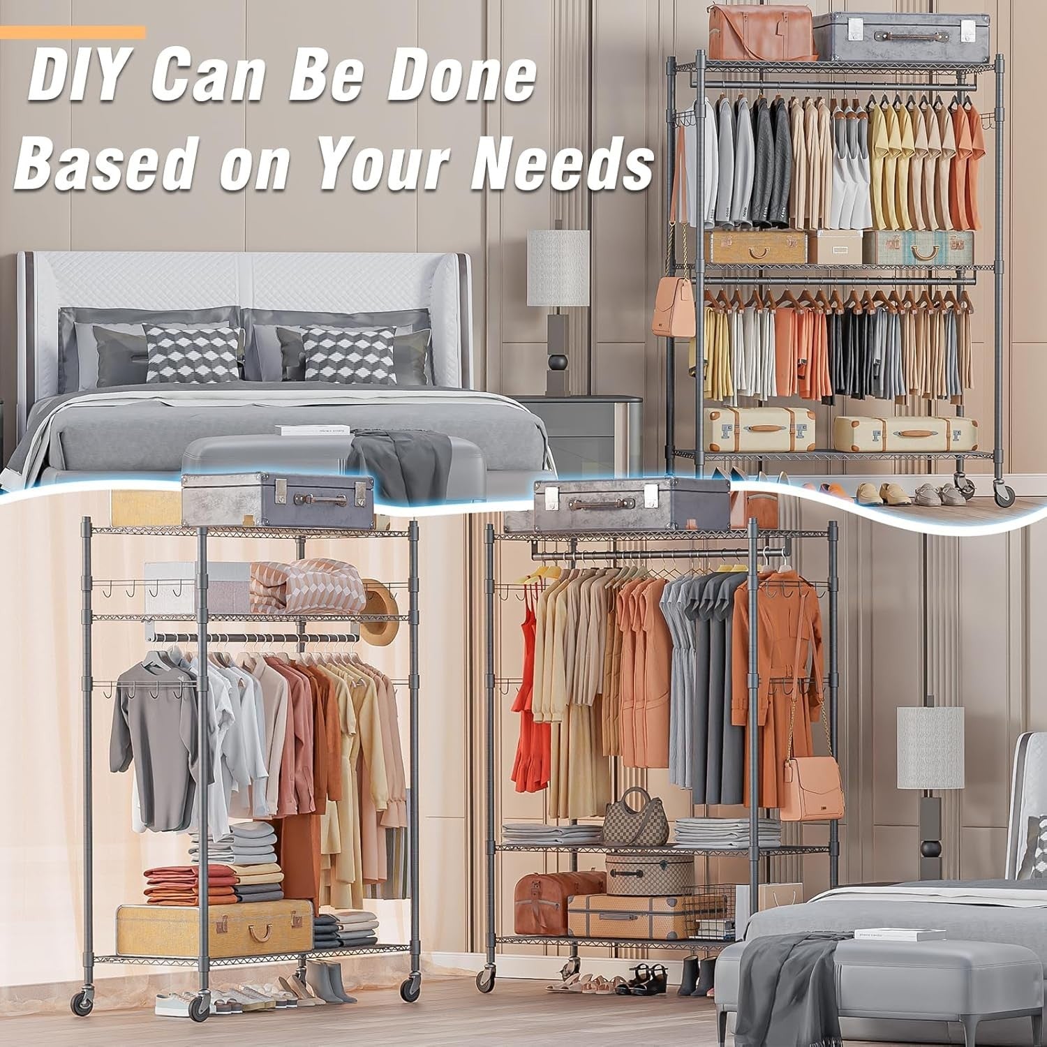 Heavy Duty Double Rod Clothes Rail 3-Tier with Wheels – Grey 205cm