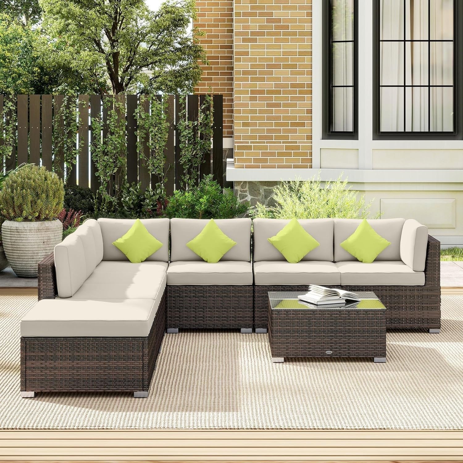 8 Seat Brown Rattan Garden Corner Sofa Set w/ Cushions & Glass Table