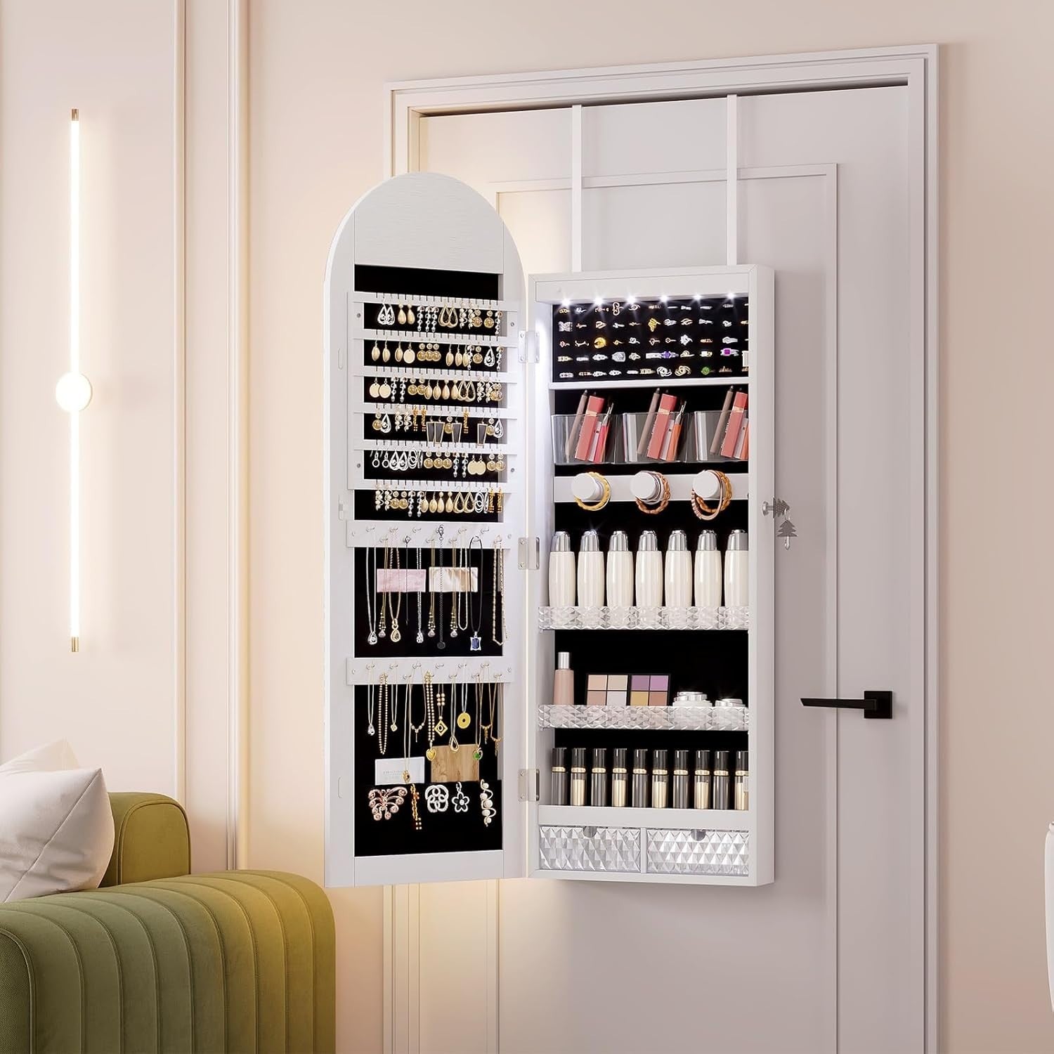 LED Arched Jewelry Armoire Wall or Door Mounted Lockable Mirror Green