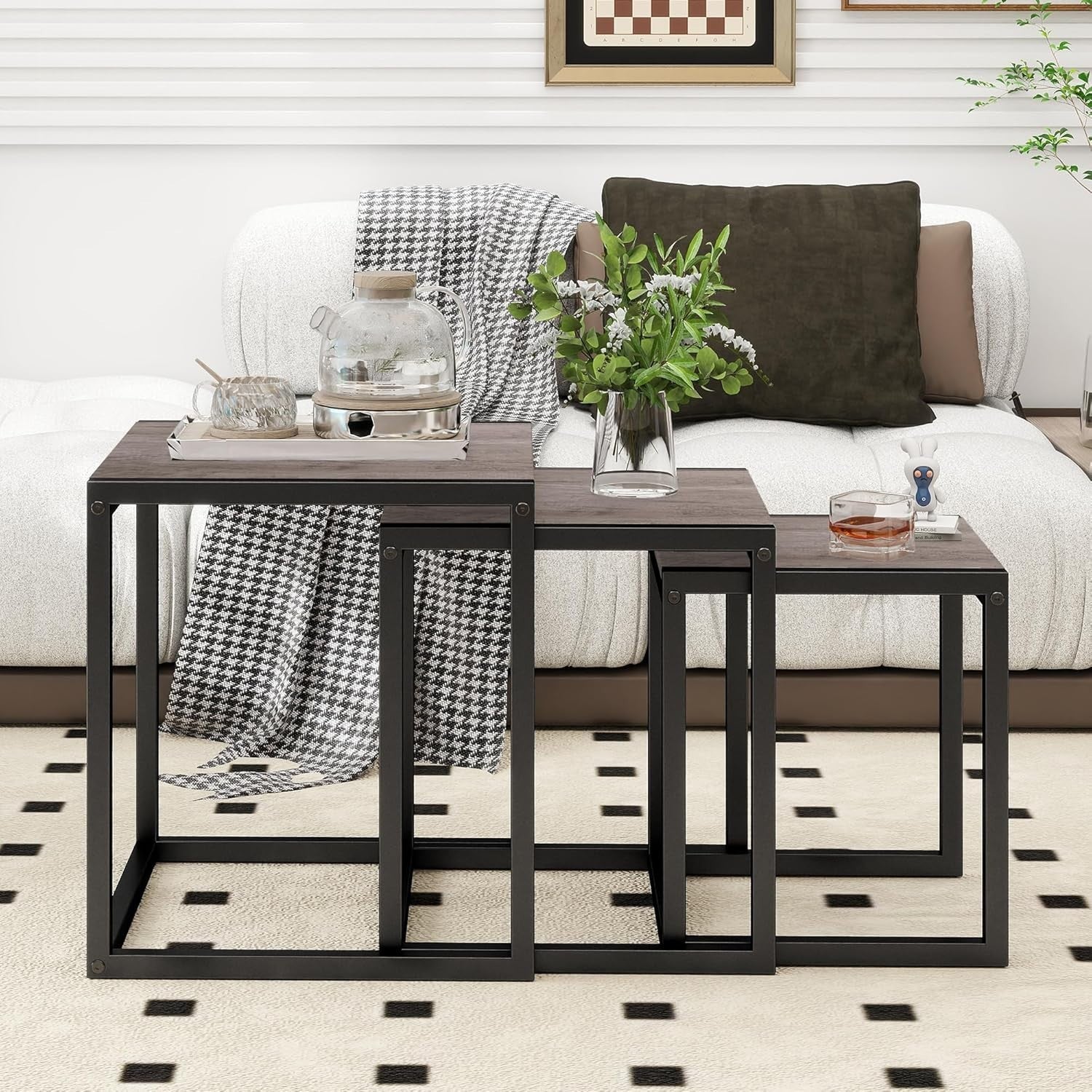 Square Nesting Coffee Side End Table Grey Metal Frame Space Saving Furniture