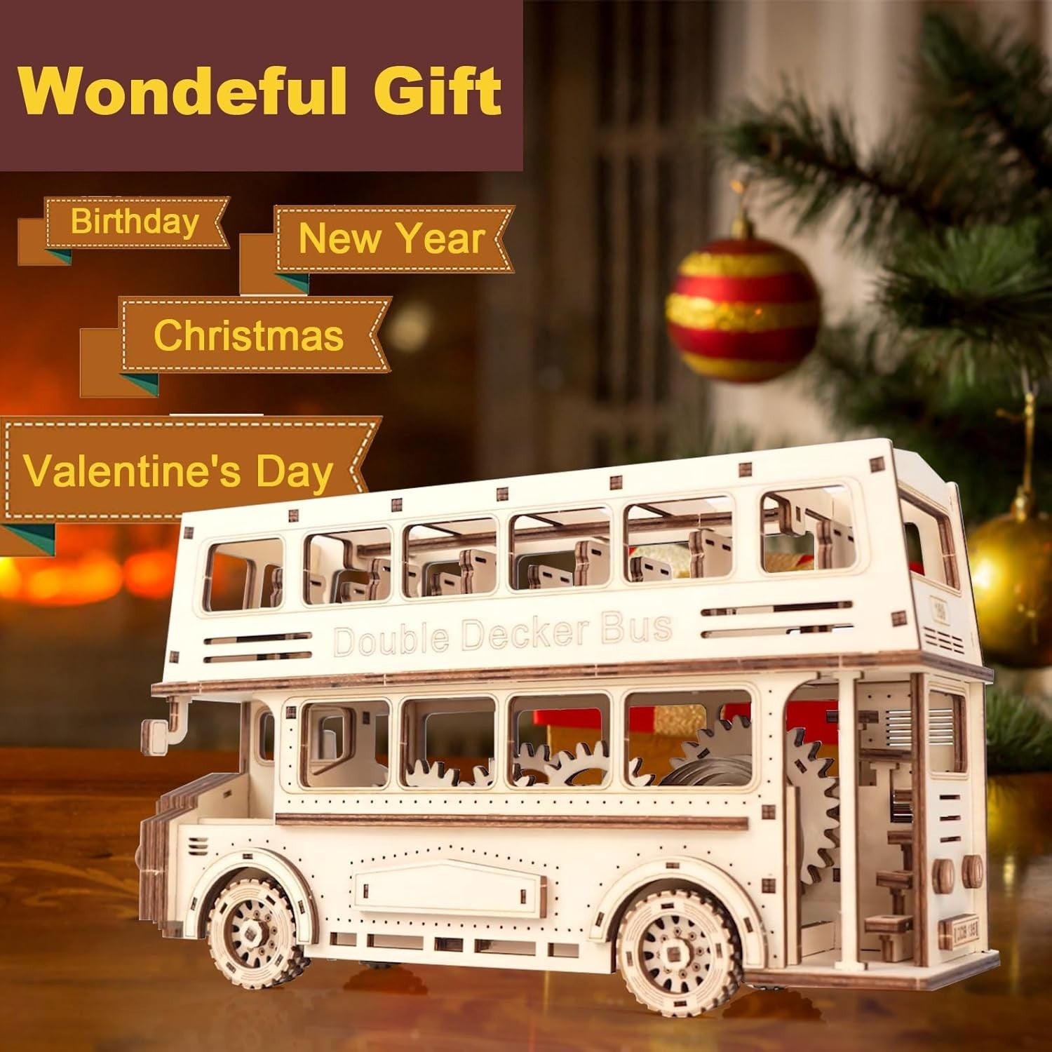 3D Wooden Double Decker Bus Puzzle Model Kit – 349 PCS DIY Mechanical Toy