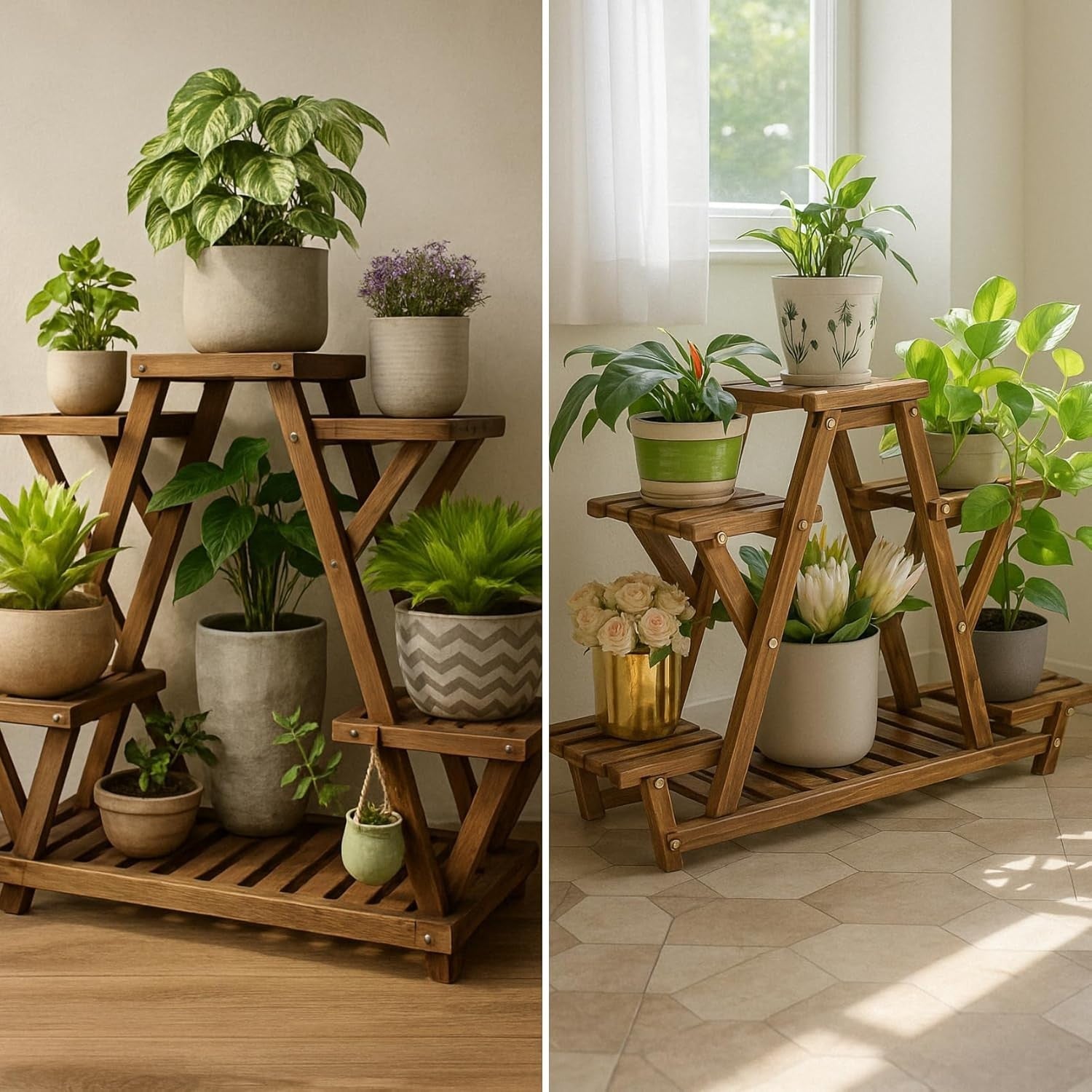 Wooden 4 Tier Plant Stand with Wheels Indoor Outdoor Flower Shelf 93x28x95cm