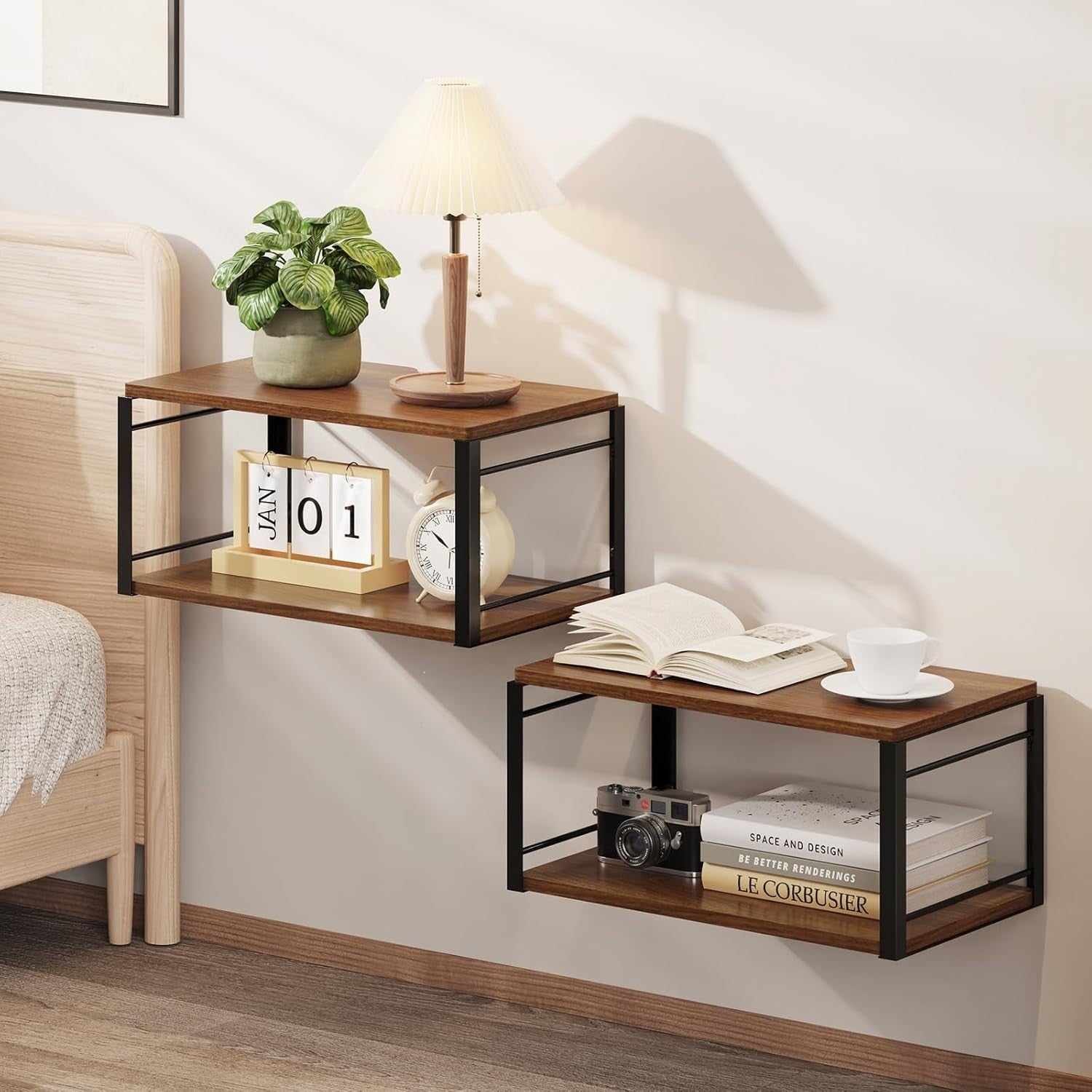 Set of 2 Floating Bedside Tables – Wall Mounted Walnut Shelves for Bedroom