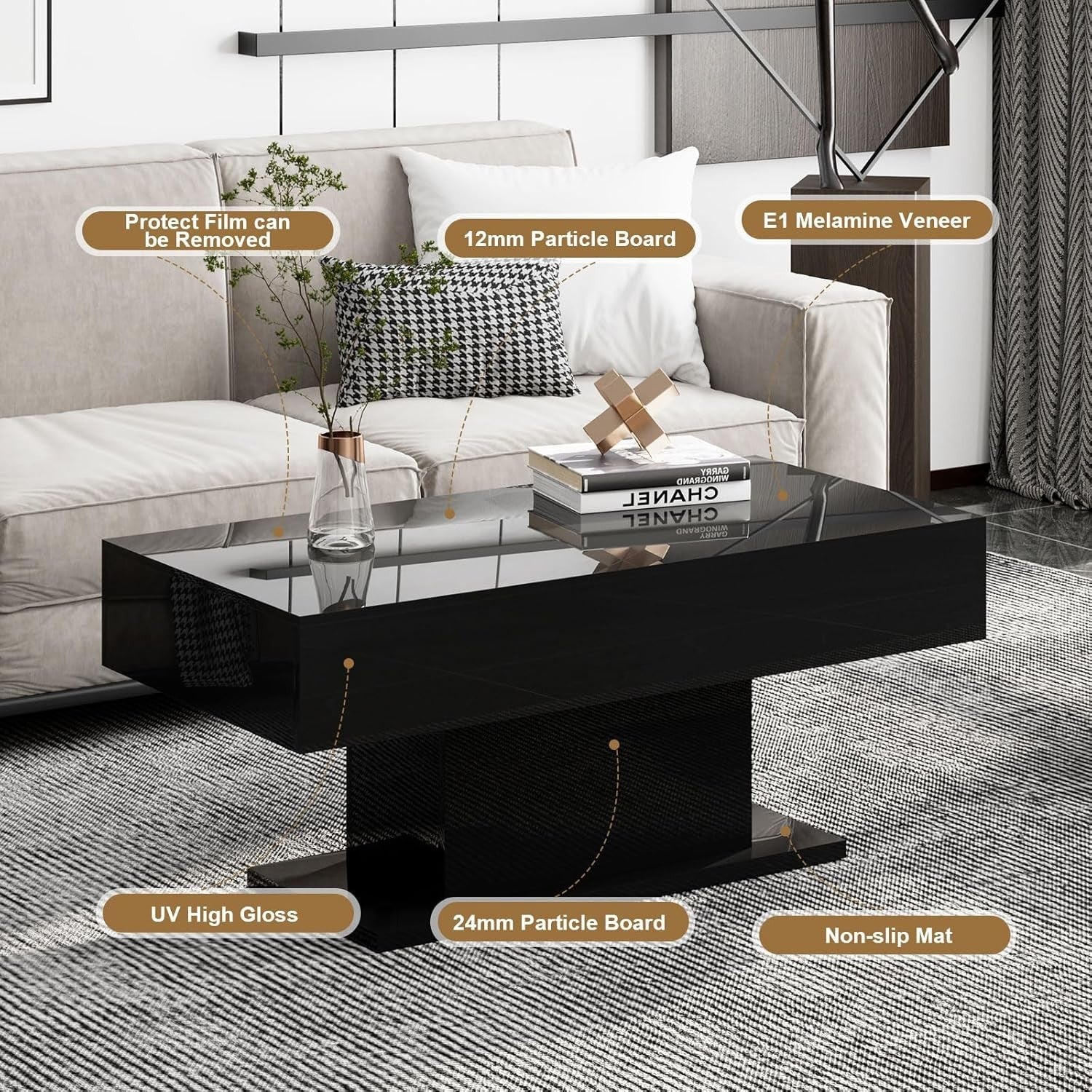 Modern Black LED Coffee Table, High Gloss Rectangular 110x55cm
