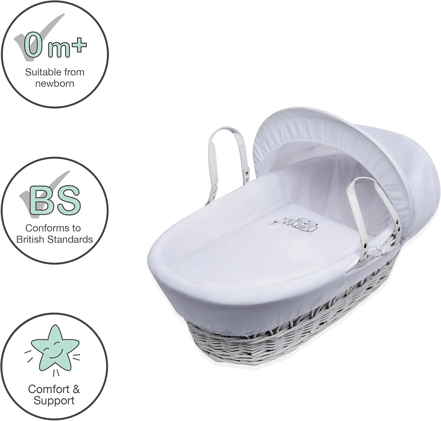 Embroided  Wicker Moses Basket Adjustable Hood Rocking Stand Owl White