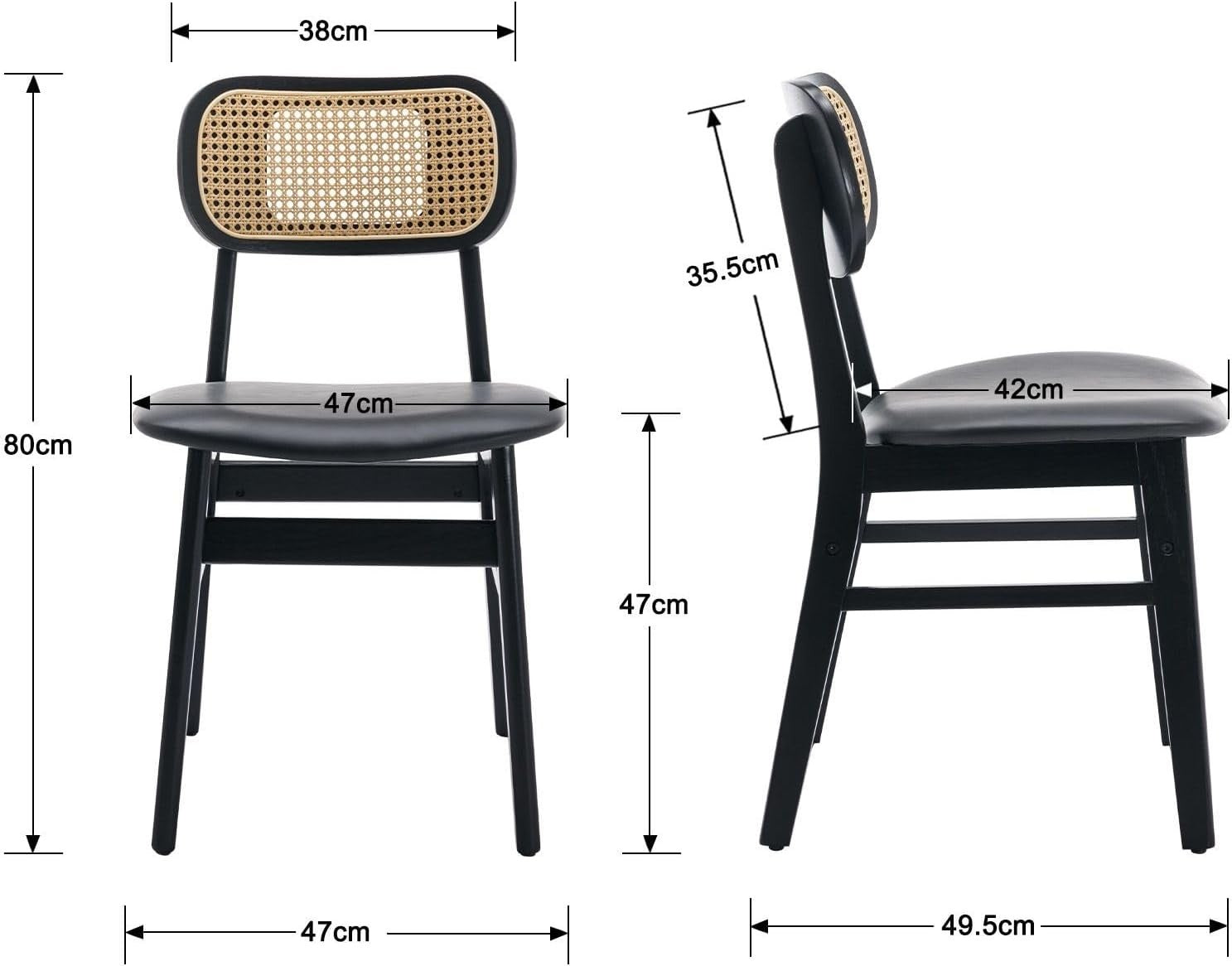 Black Rattan Dining Chairs Set of 2 PU Leather Padded Retro Kitchen Seats