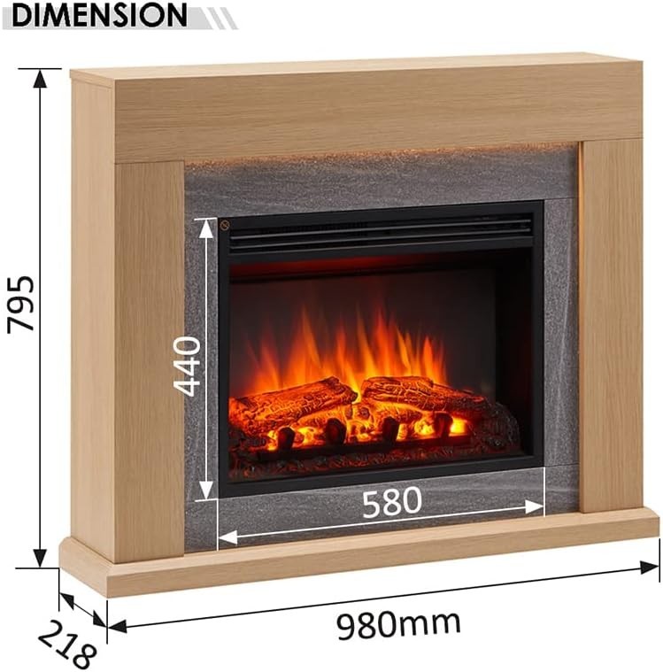 39" Electric Fireplace Heater with Oak Surround, Remote, Realistic Flame