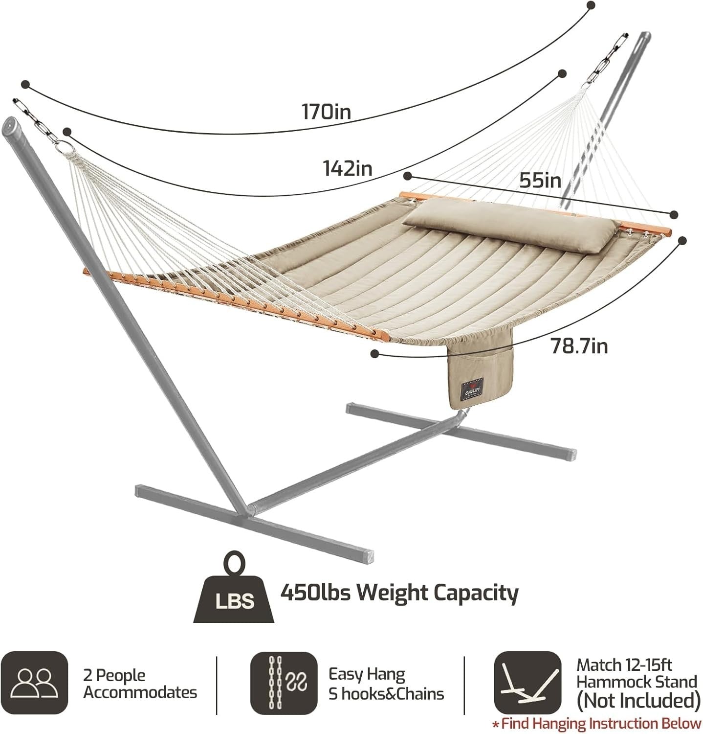 2 Person Quilted Fabric Hammock w/ Spreader Bars & Pillow 450lb Outdoor Patio