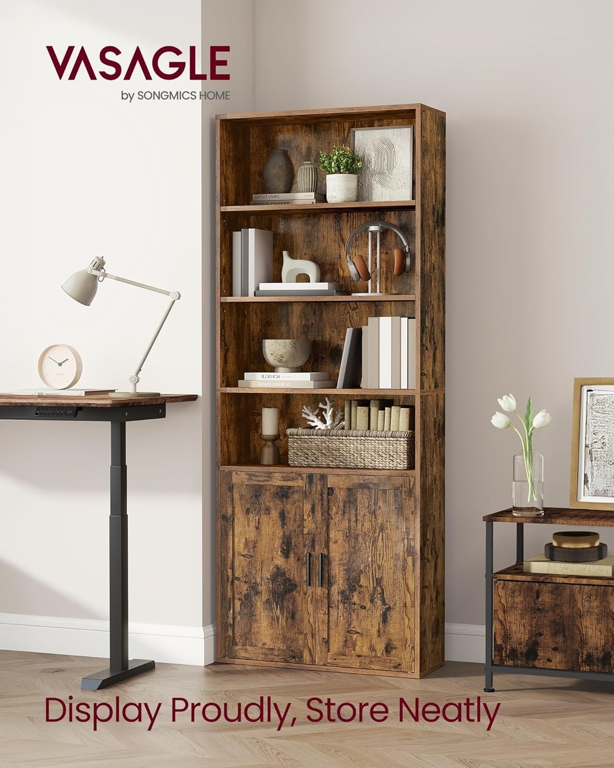 6-Tier Rustic Brown Bookshelf with Doors, Adjustable Shelves, 24x60x175 cm