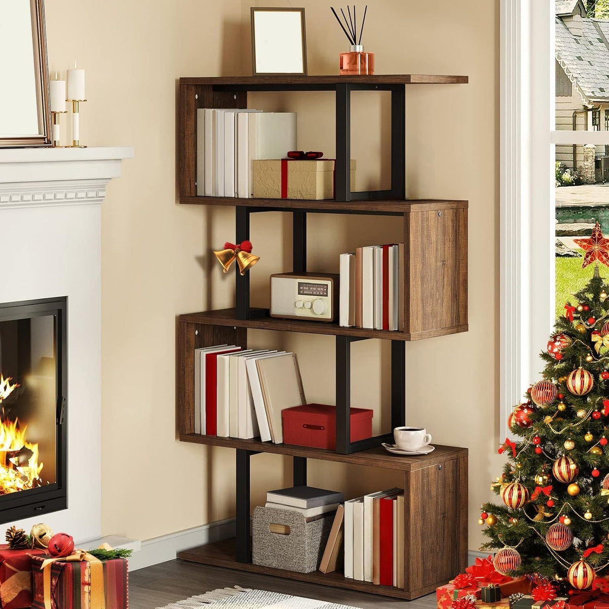 5 Tier S Shaped Bookcase Brown Metal Frame Modern Freestanding Display Shelf