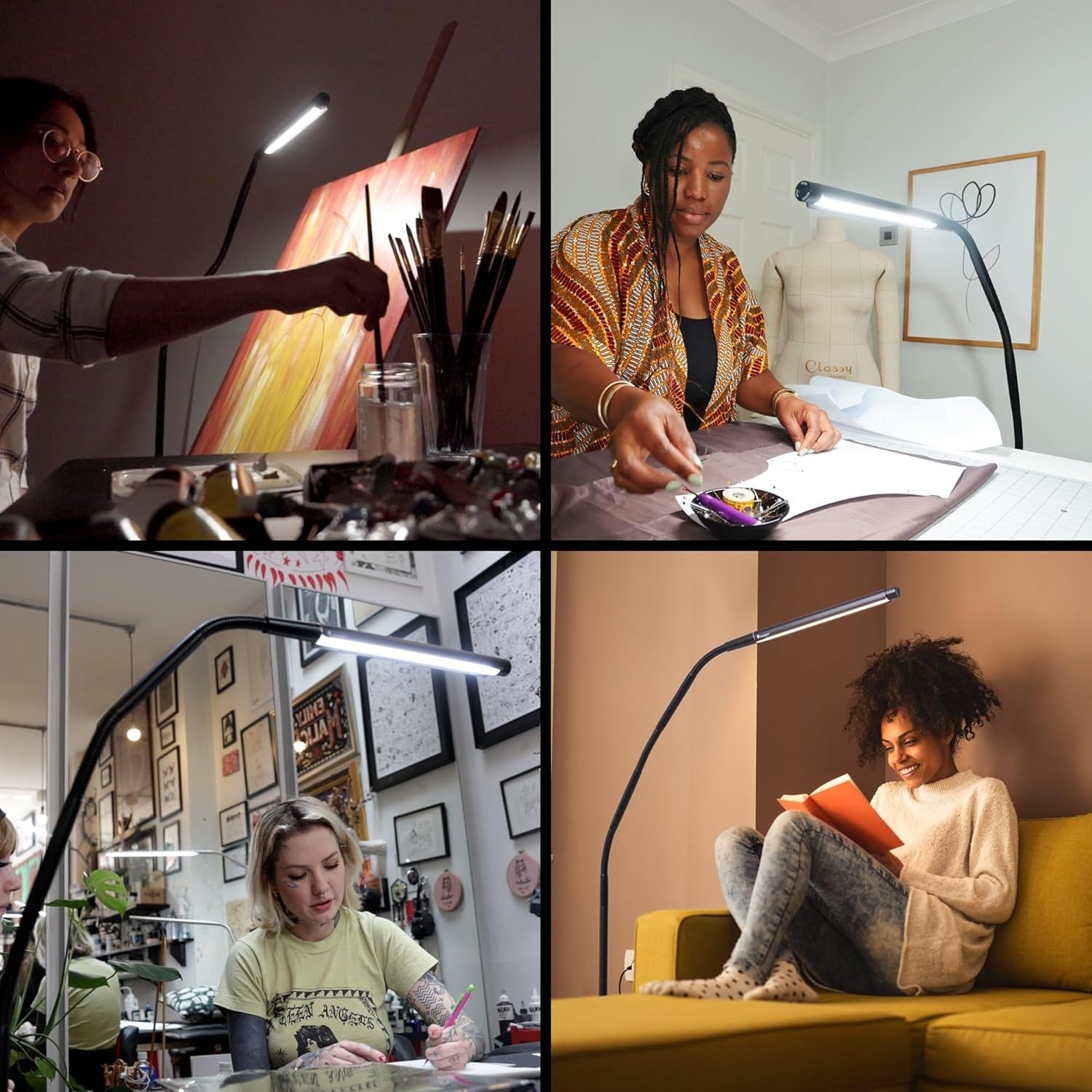 LED Floor Lamp Adjustable Brightness Black Reading Lamp Flexible Arm