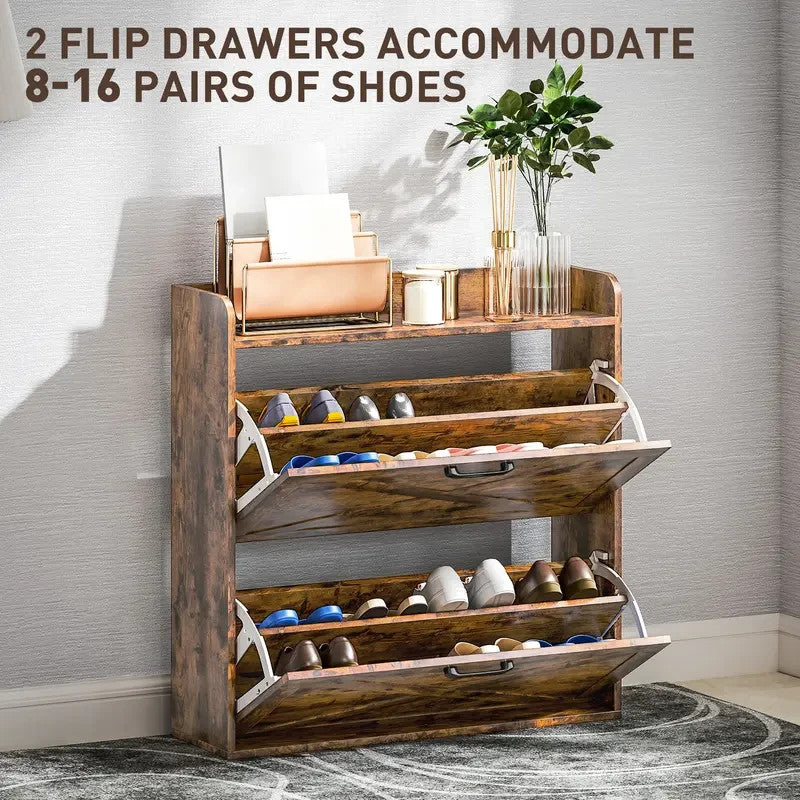 Rustic Farmhouse Shoe Cabinet with Flip Drawers & Barn Door Design – 80cm