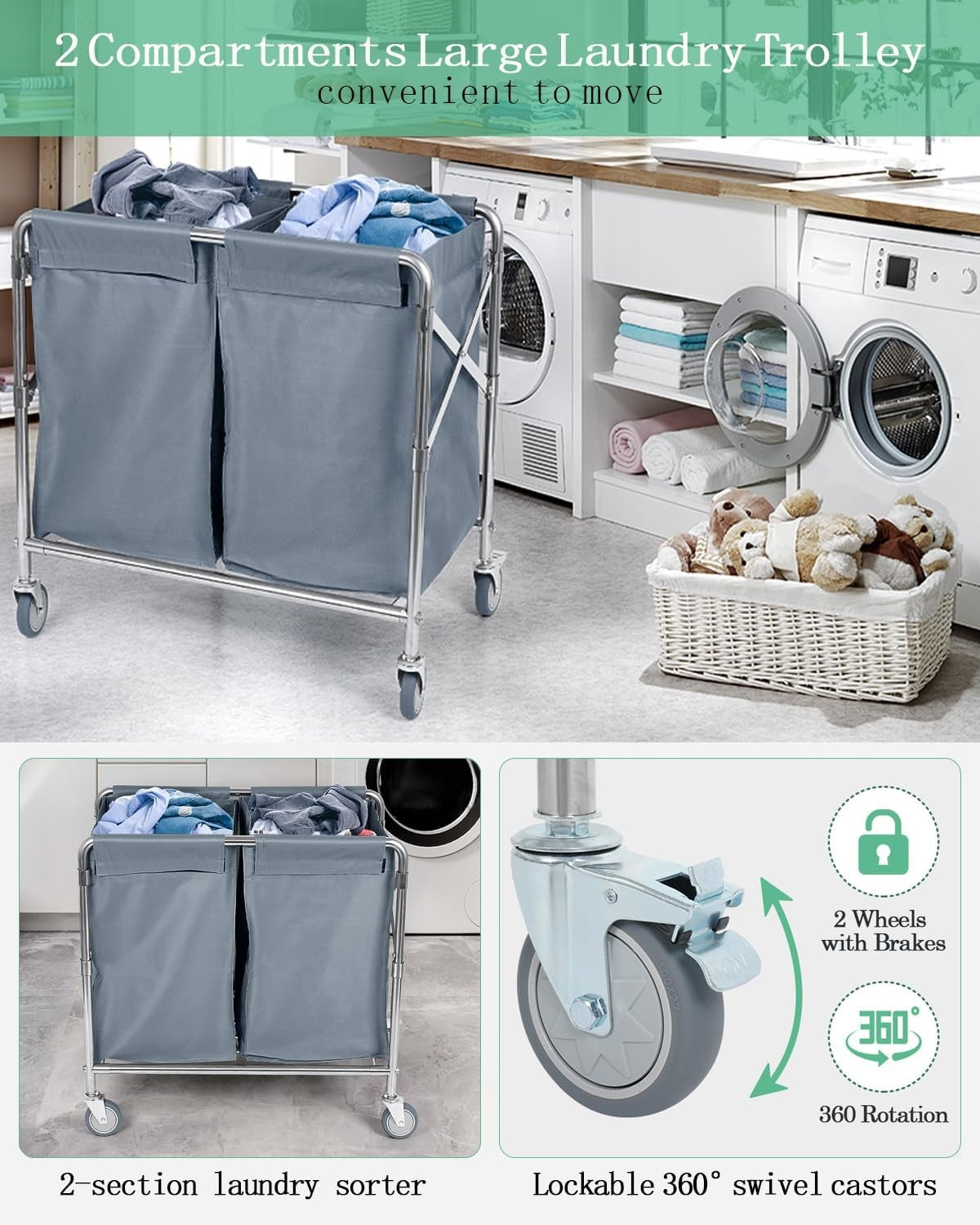 300L Heavy Duty 2-Section Laundry Trolley on Wheels | Commercial Folding Laundry