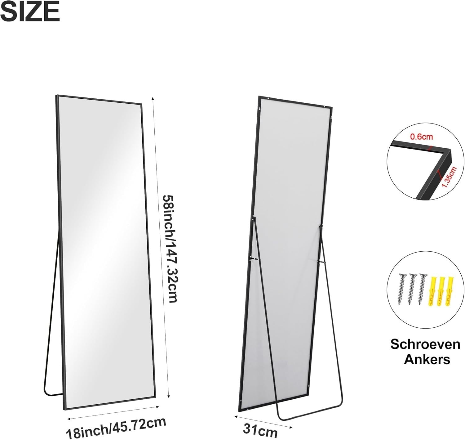 Full Length Floor Mirror 147x44cm Black Frame Leaning Wall Dressing Mirror