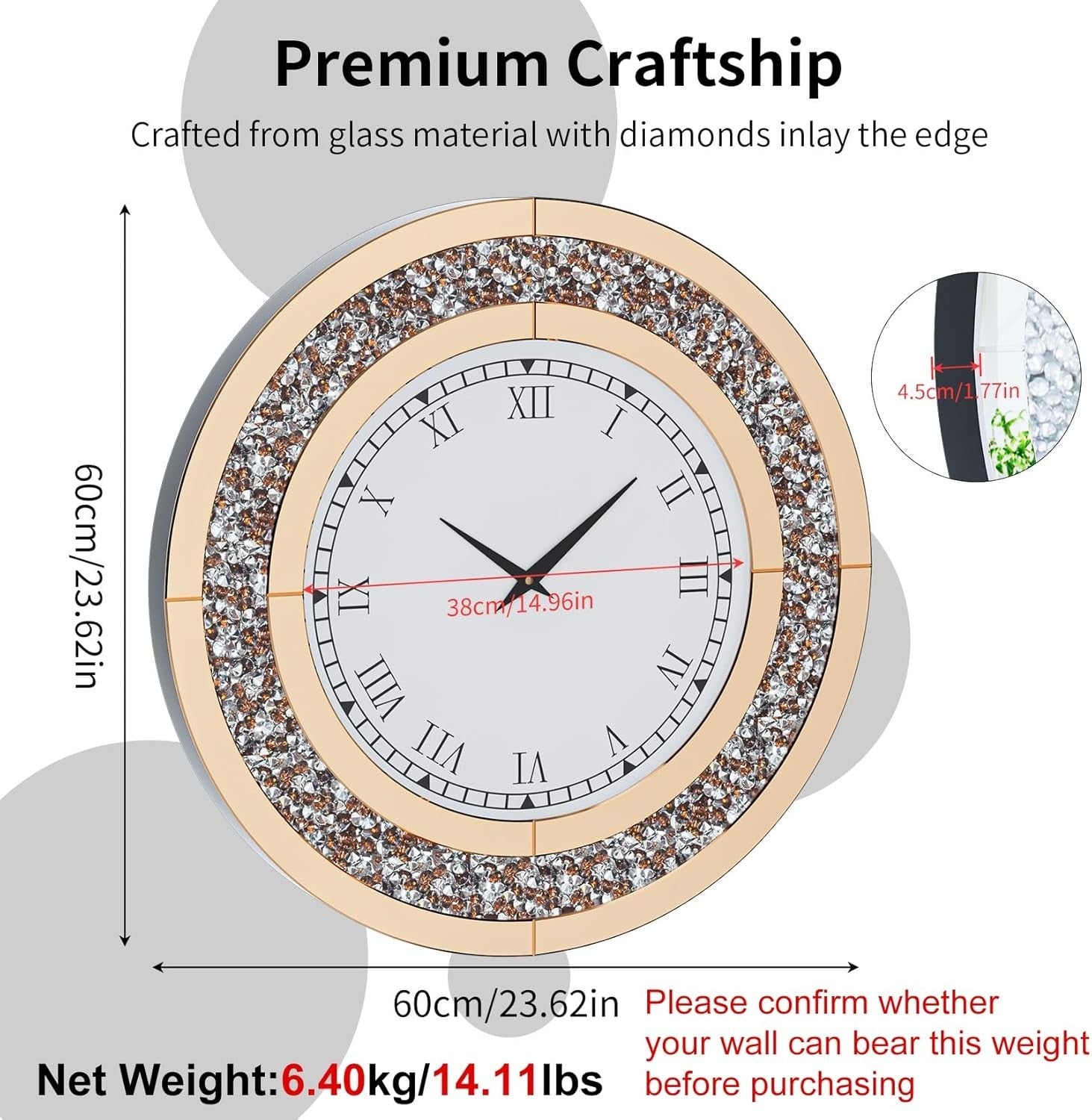 60cm Mirrored Wall Clock Crushed Diamond Inlay Roman Numerals Bling Decor