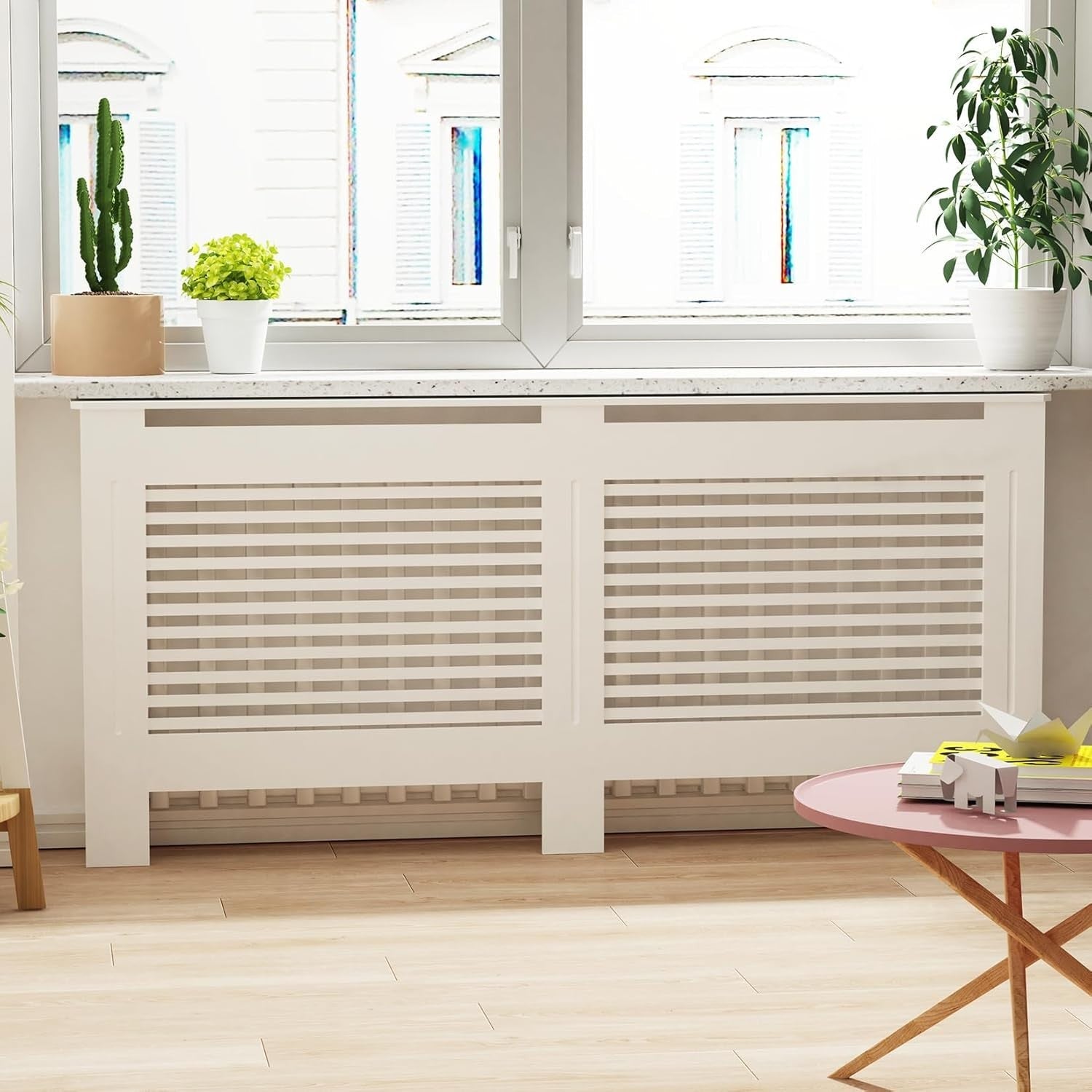 Radiator Cover White MDF Cabinet | Horizontal Slats Extra Large Shelf 152cm